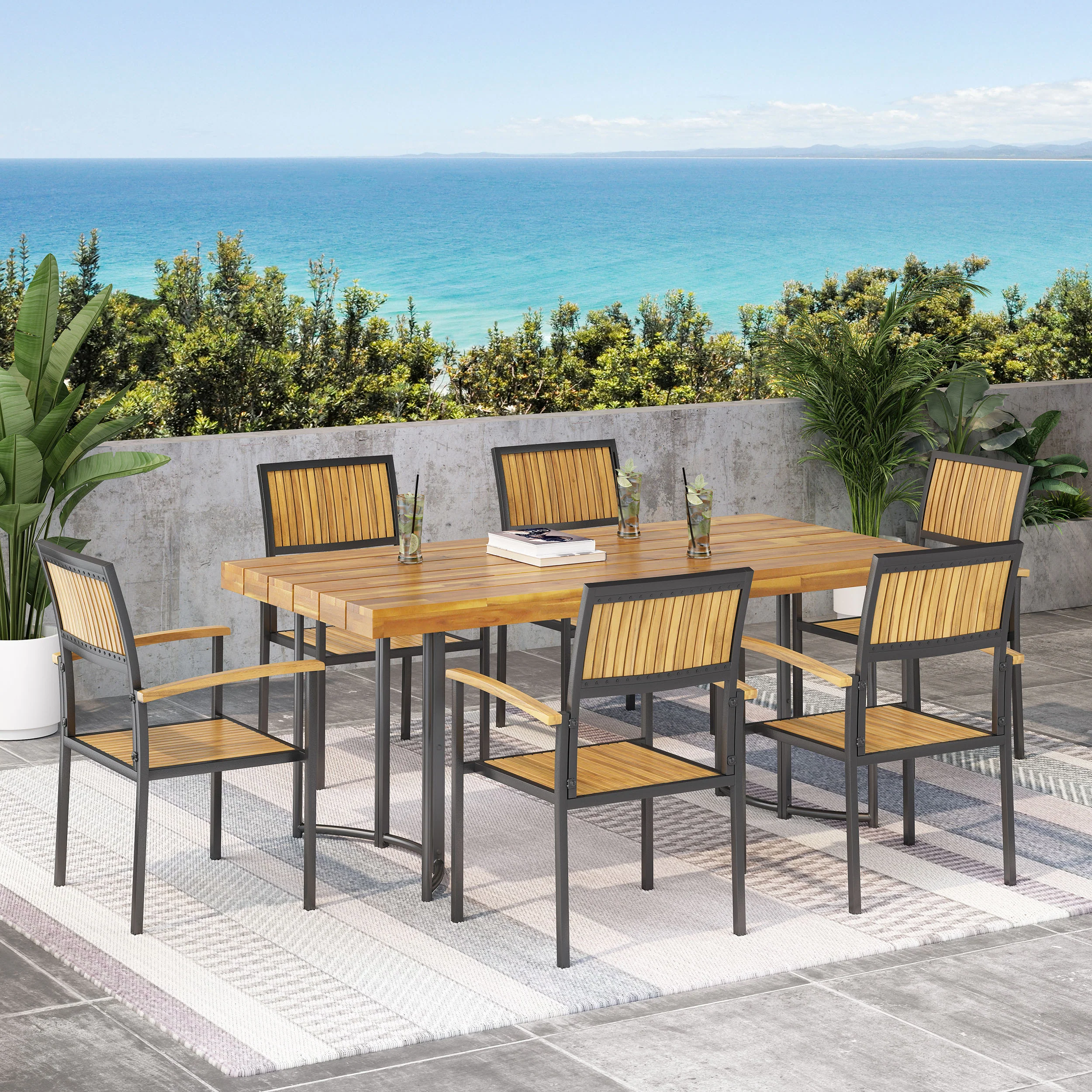 Rocio Outdoor Modern Industrial 7 Piece Acacia Wood Dining Set - furnishings