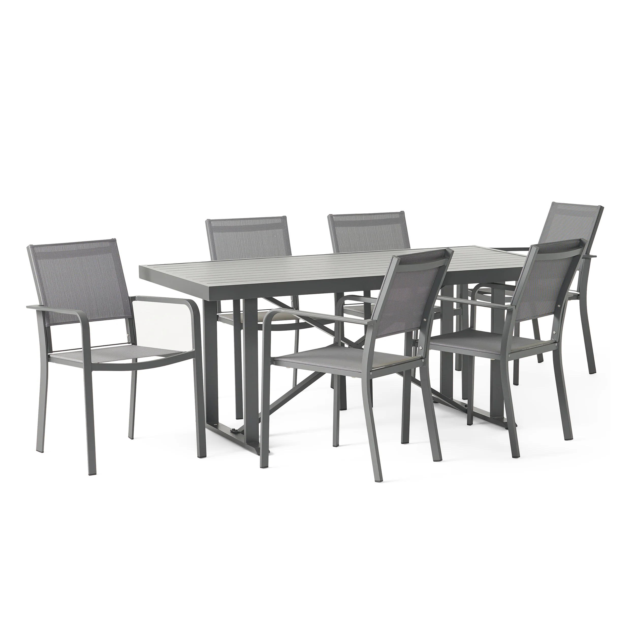 Atkinson Outdoor Modern Industrial Aluminum 7 Piece Dining Set with Mesh Seating - furnishings