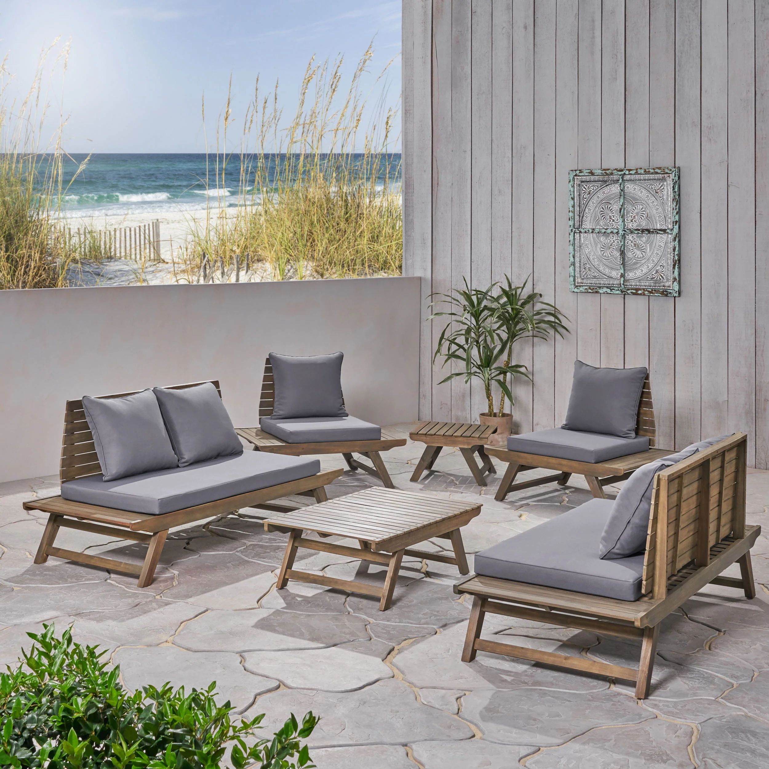 Jennifer Outdoor Acacia Wood 6 Seater Chat Set with Side Table and Coffee Table - furnishings