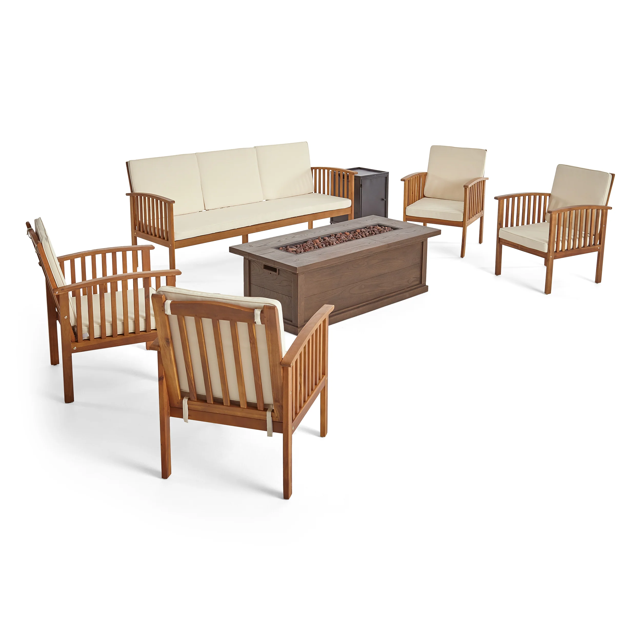 Suzanne Sophia Outdoor 7 Piece Acacia Wood Chat Set with Fire Pit - furnishings