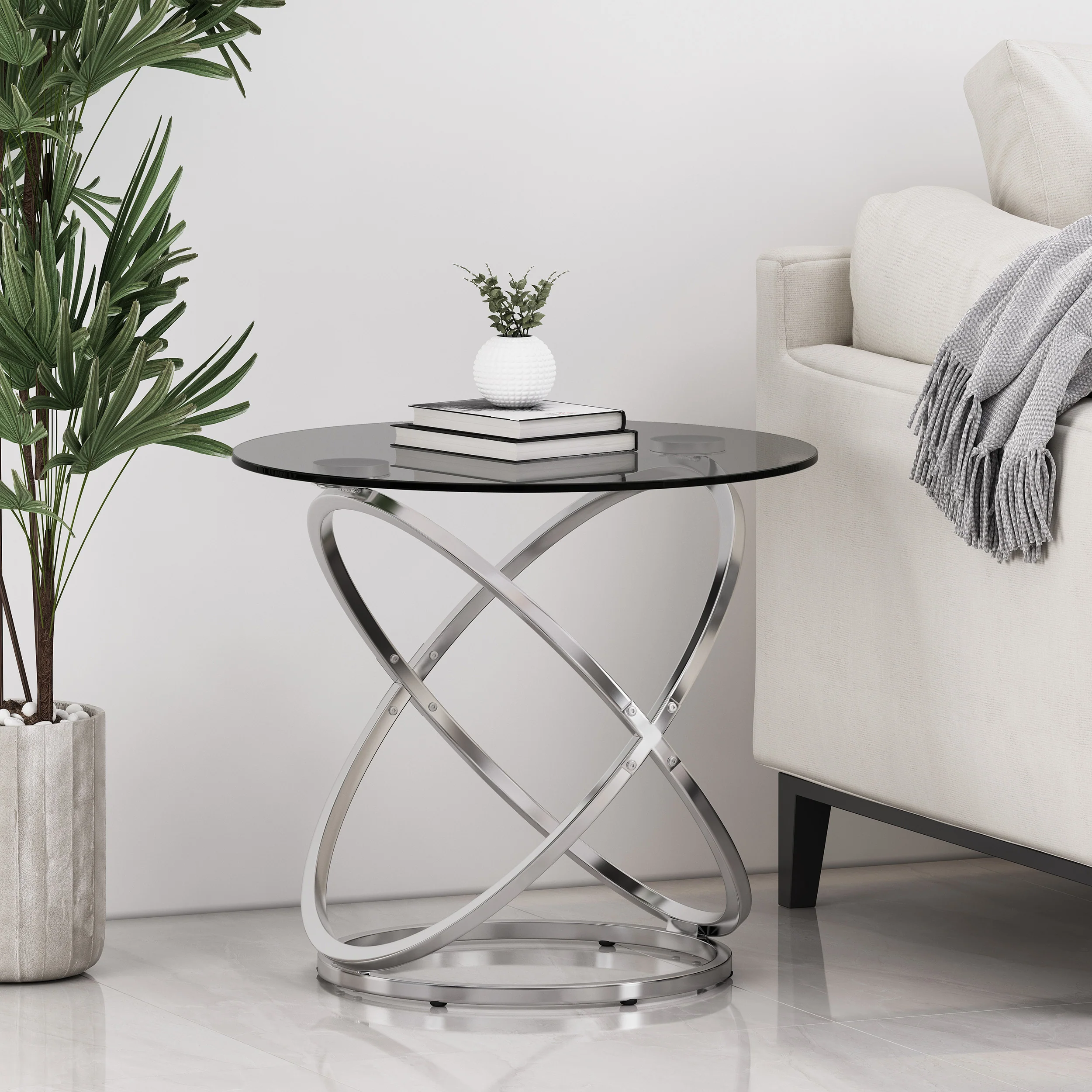Hearney Modern Glass Top Round Side Table, Gray and Chrome - furnishings