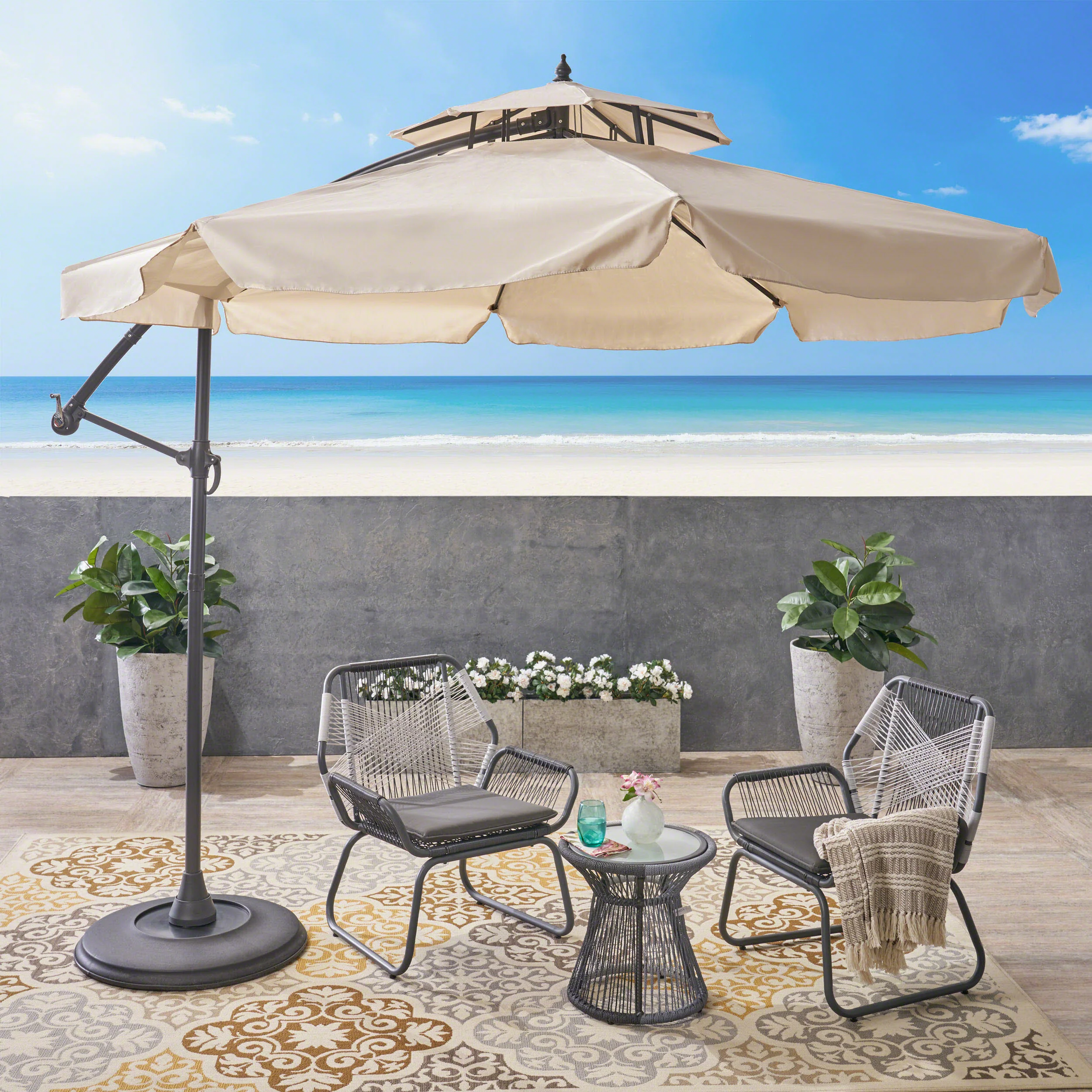 Tahiti Outdoor Beige Cantilever Patio Umbrella & Base - furnishings