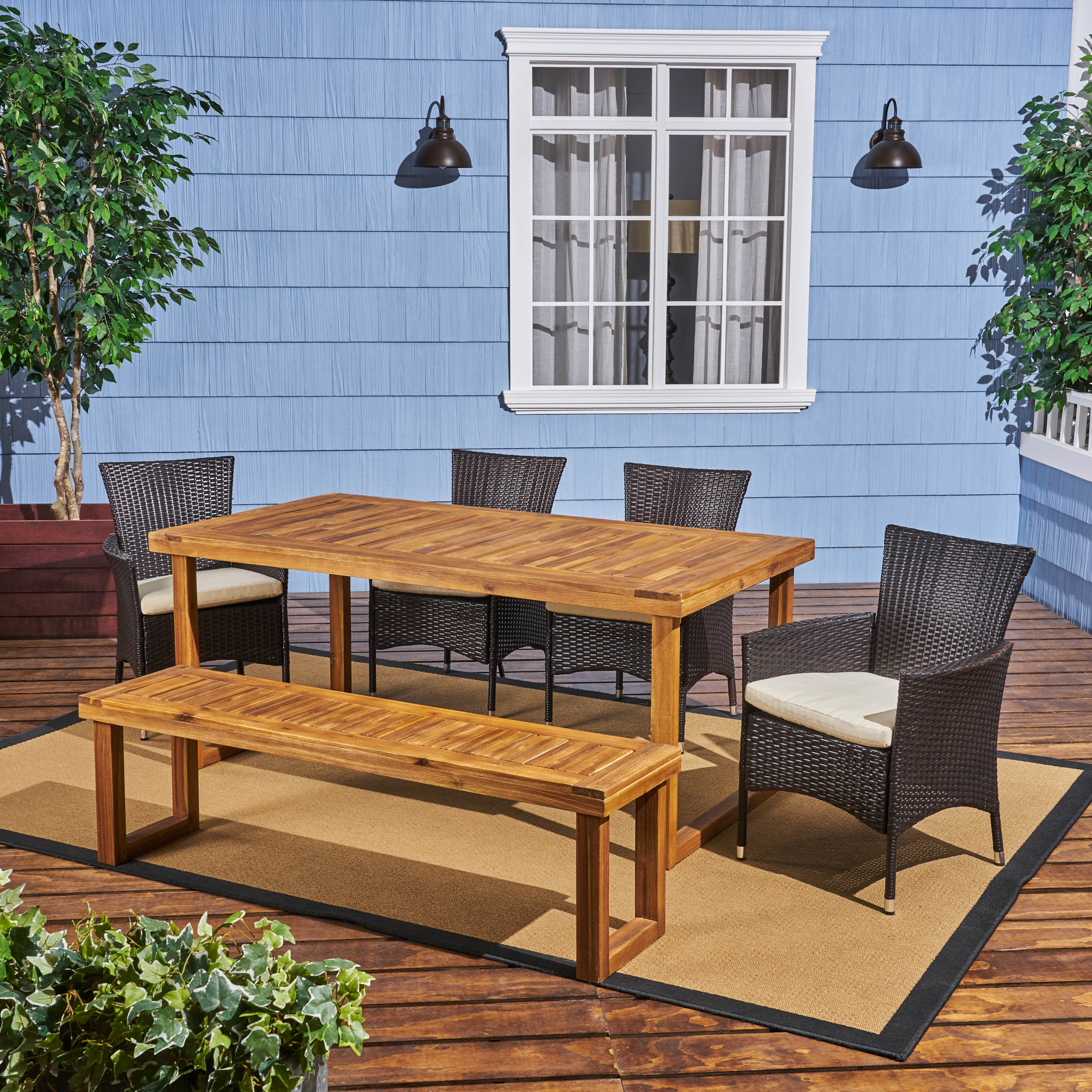 Agnes Outdoor 6-Seater Wood and Wicker Chair and Bench Dining Set - furnishings