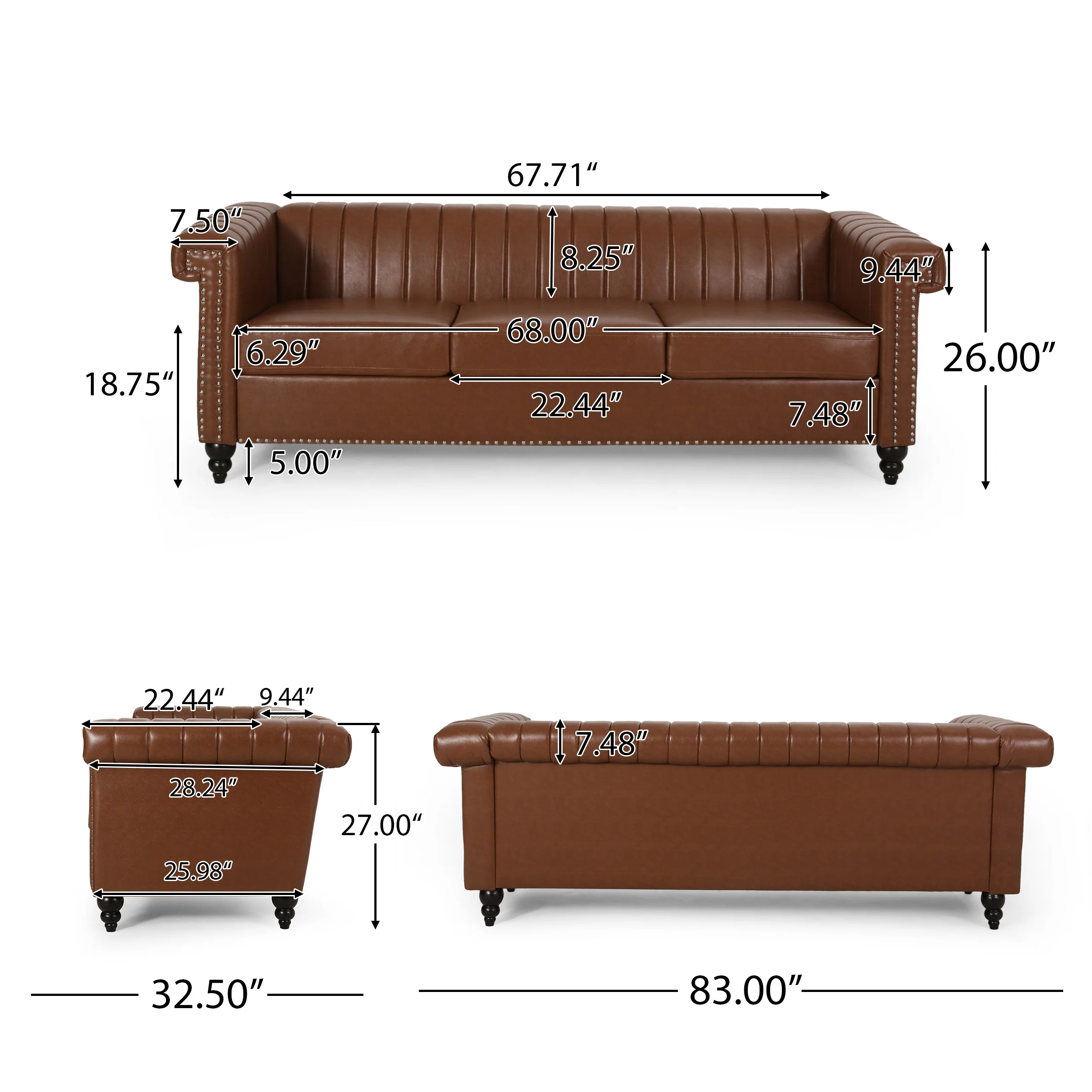 Donley Contemporary Channel Stitch 3 Seater Sofa with Nailhead Trim - furnishings