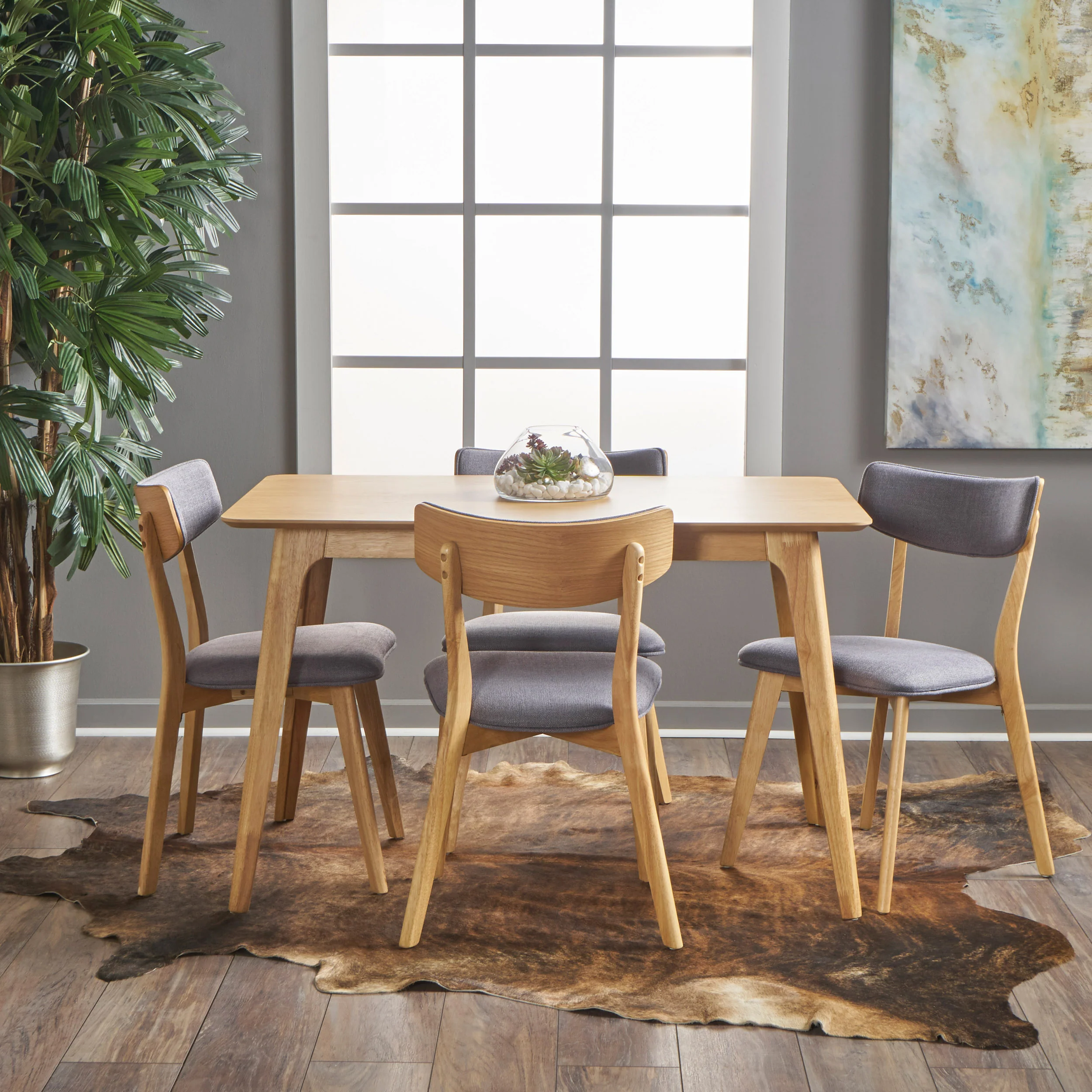 Meanda Mid Century Finished 5 Piece Wood Dining Set with Fabric Chairs - furnishings