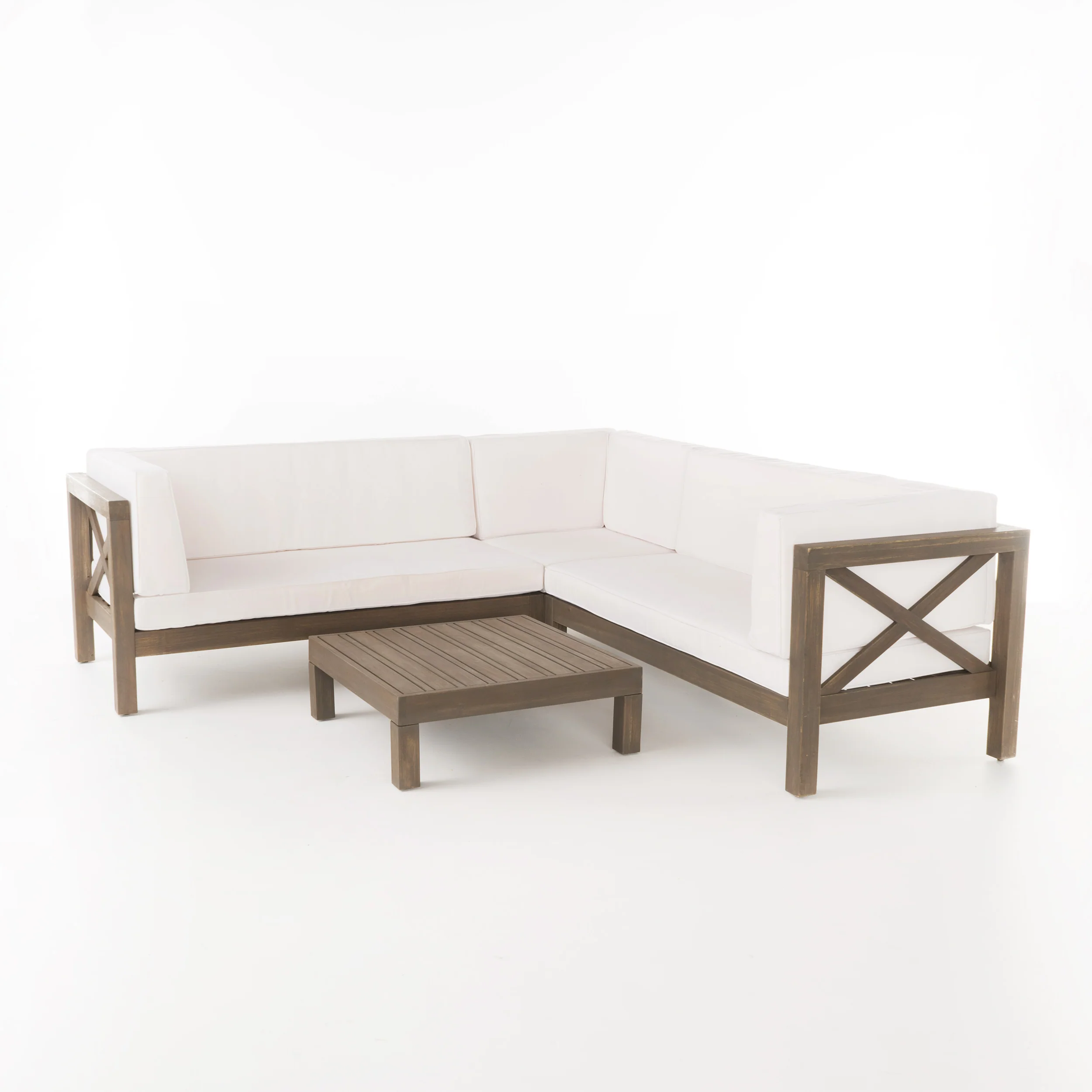 Brava Outdoor 4 Piece V-Shaped Acacia Wood Sectional Sofa and Coffee Table Set - furnishings