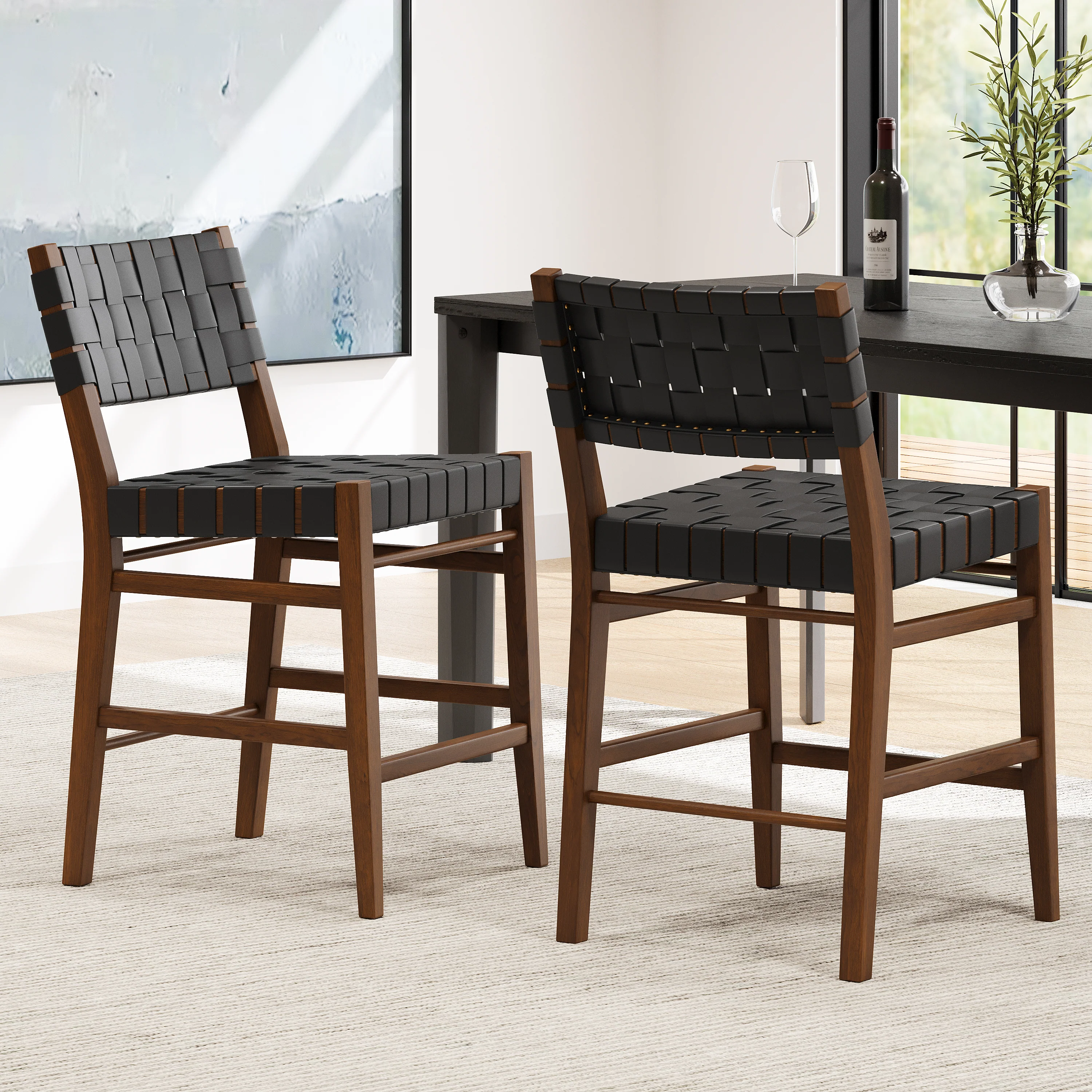Zephyre Modern Black PU and Wood Counter Stools, Set of 2 - furnishings