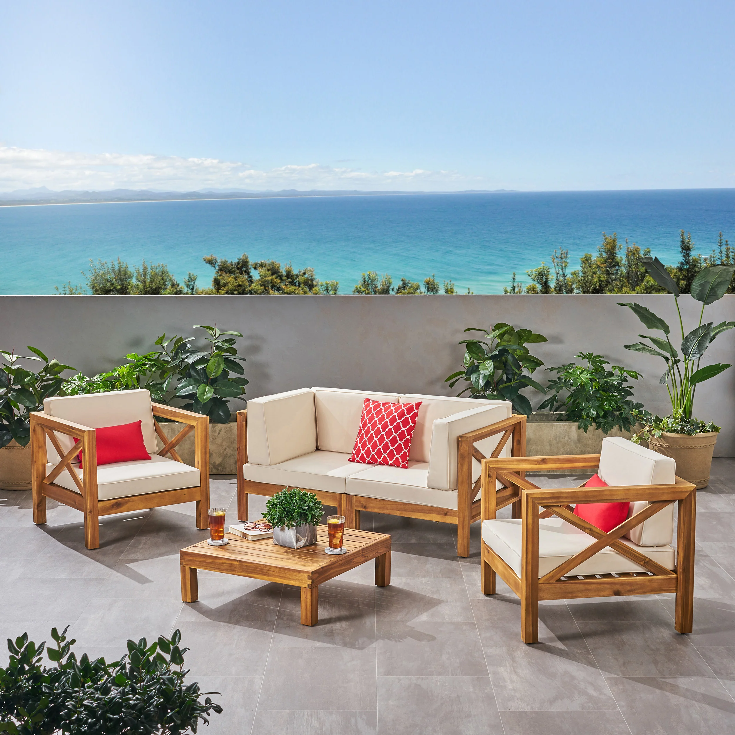 Morgan Outdoor 4 Seater Acacia Wood Loveseat Chat Set - furnishings