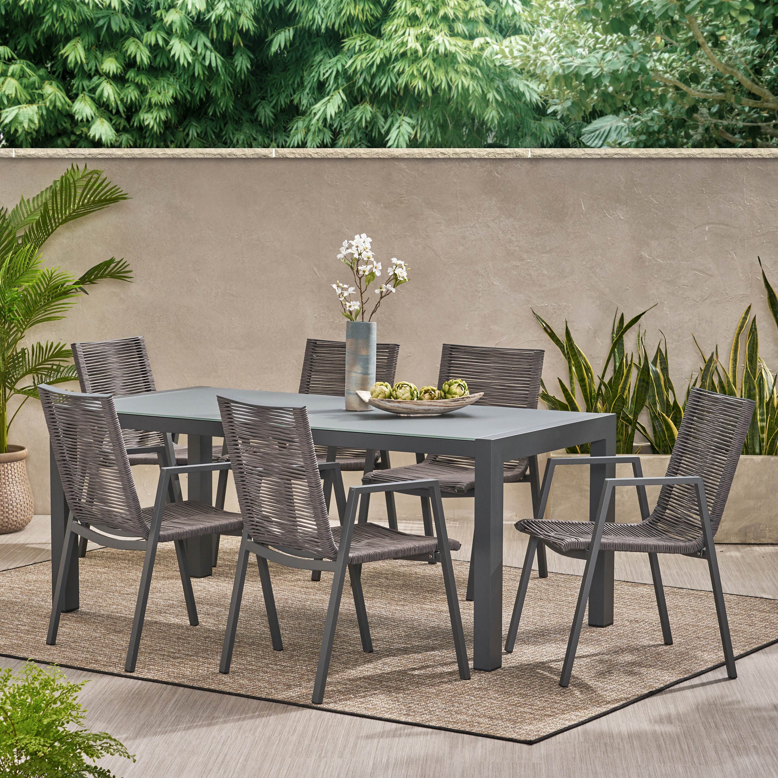 Amir Outdoor Modern 6 Seater Aluminum Dining Set with Tempered Glass Top - furnishings