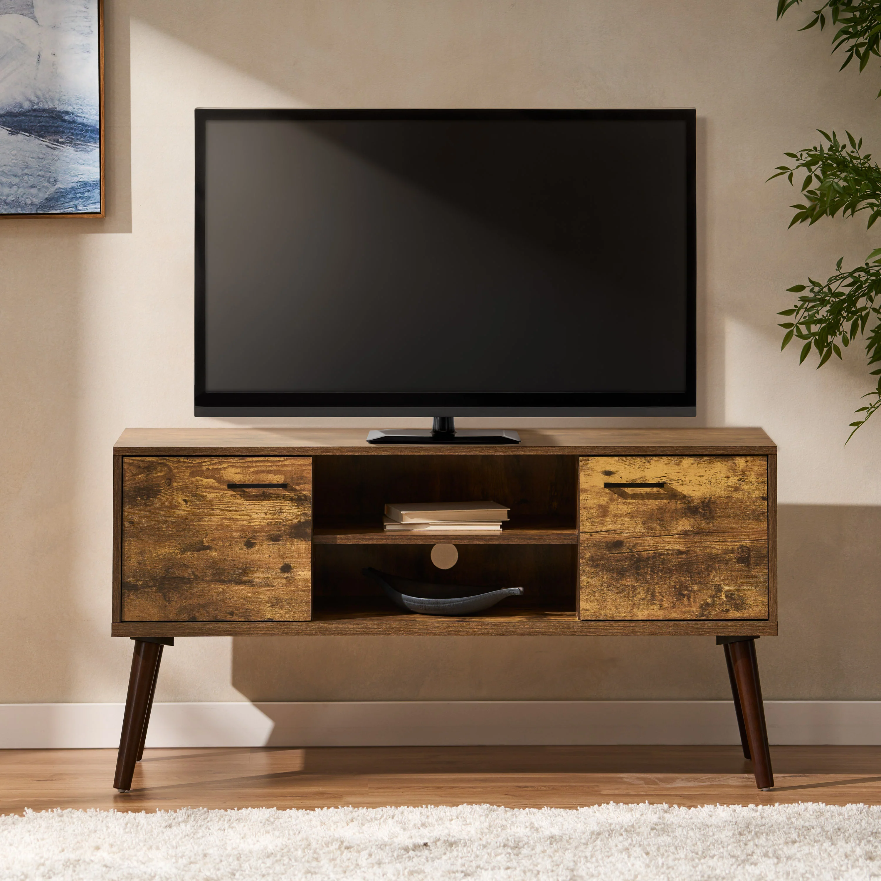 Amal Mid Century Modern 2 Cabinets & Shelves TV Stand - furnishings