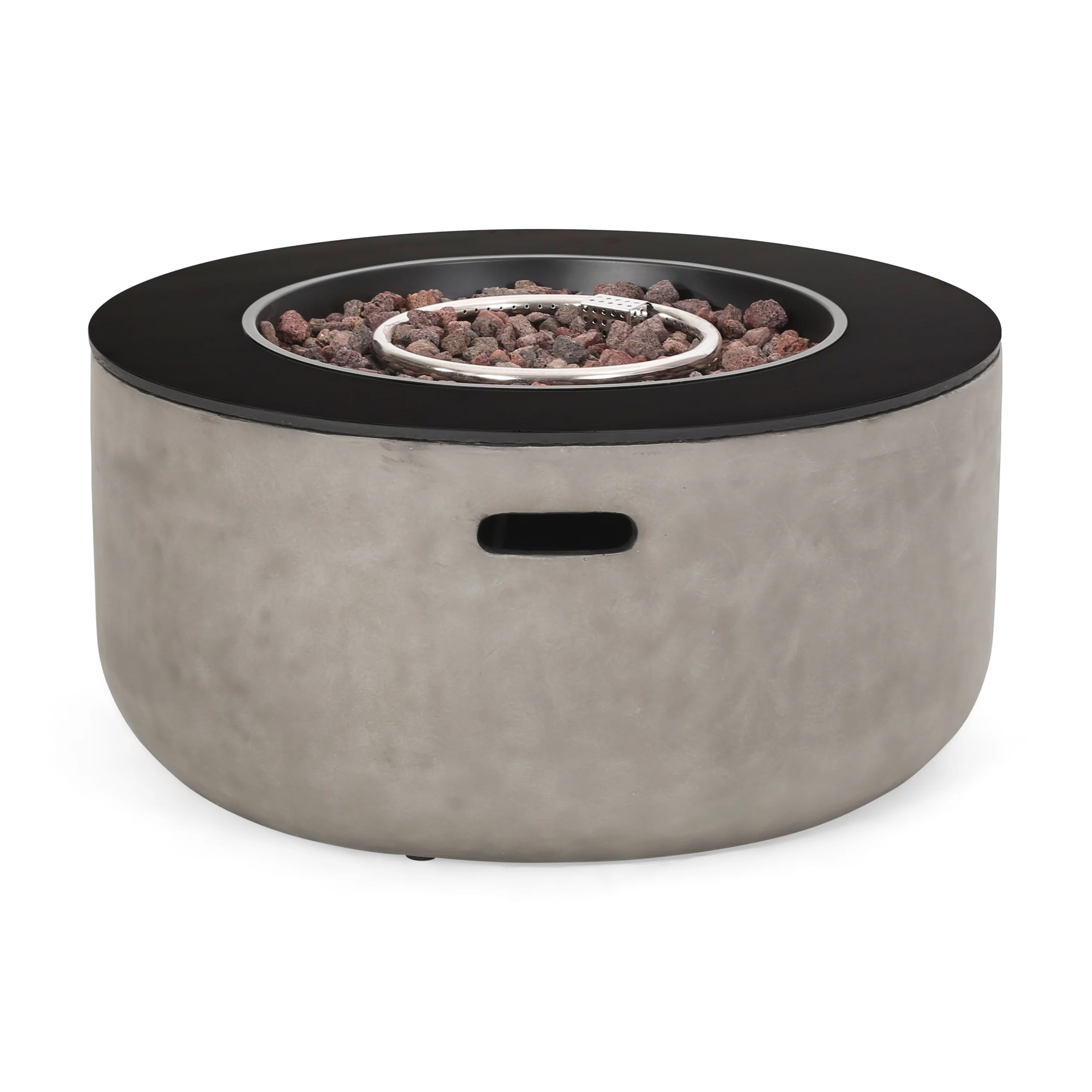 Riga Outdoor 50,000 BTU Lightweight Concrete and Ceramic Circular Fire Pit (No Tank Holder), Light Gray and Black - furnishings