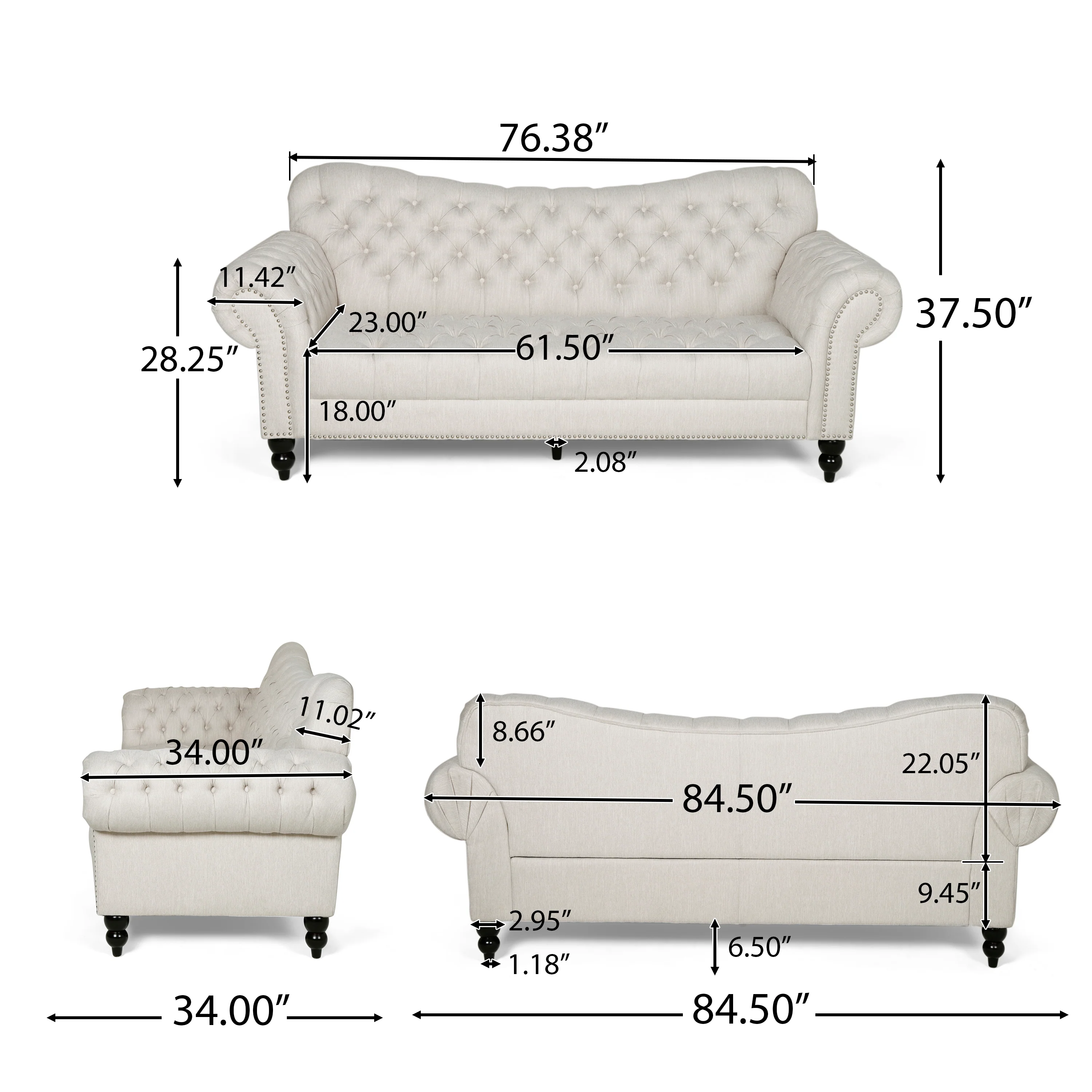 Emeric Chesterfield Button Tufted Fabric 3 Seater Sofa - furnishings