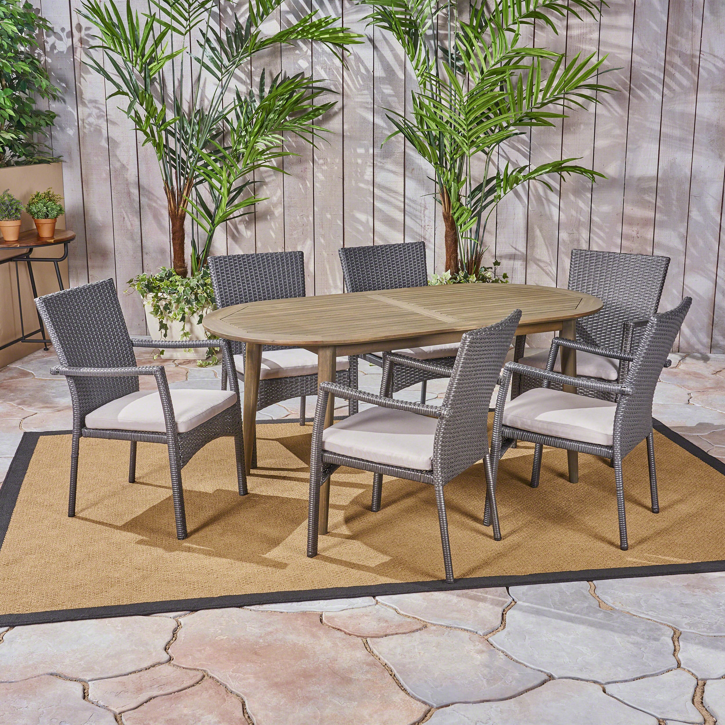 Stanfer Outdoor 7-Piece Acacia Wood Dining Set with Wicker Chairs - furnishings