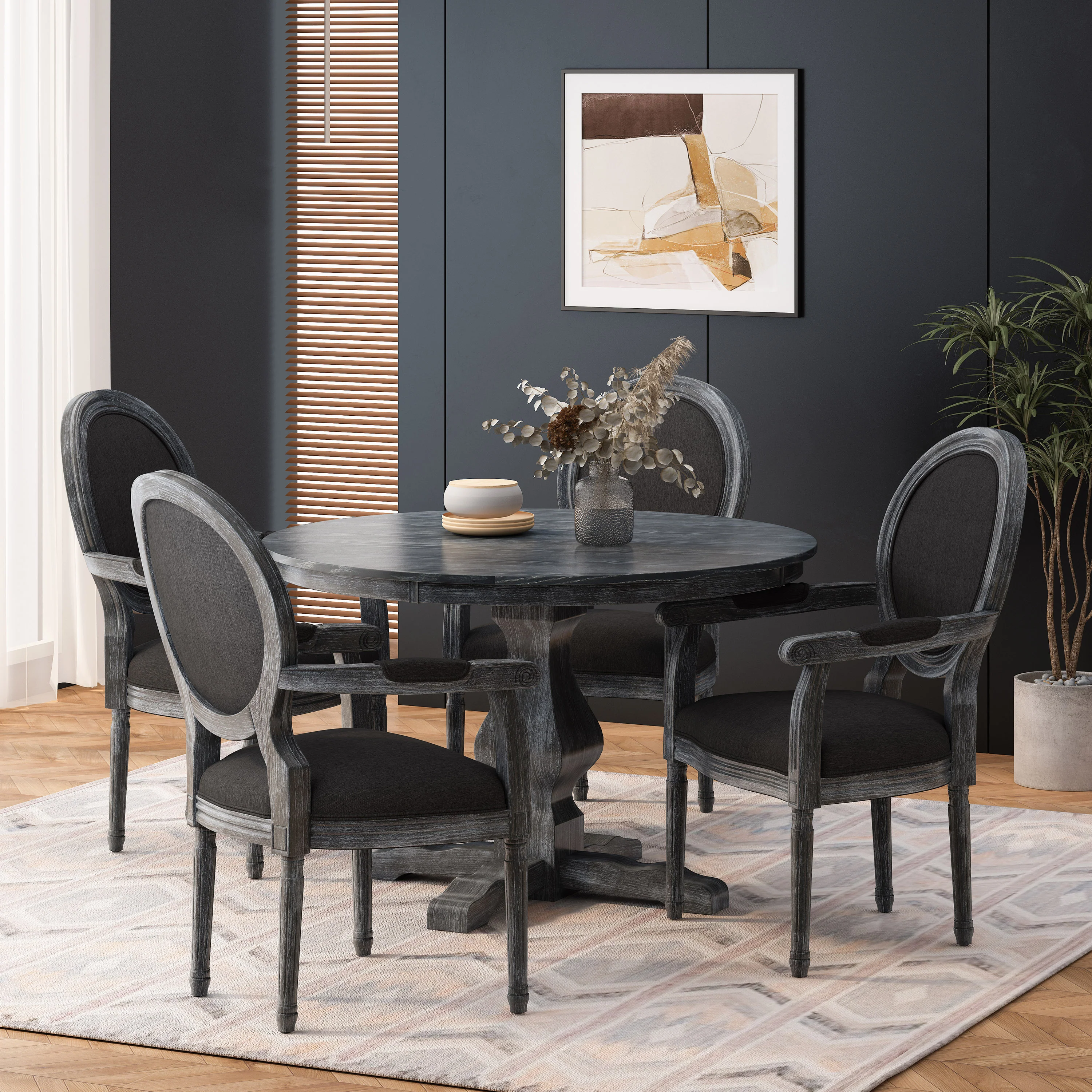 Bryan French Country Fabric Upholstered Wood 5 Piece Circular Dining Set - furnishings