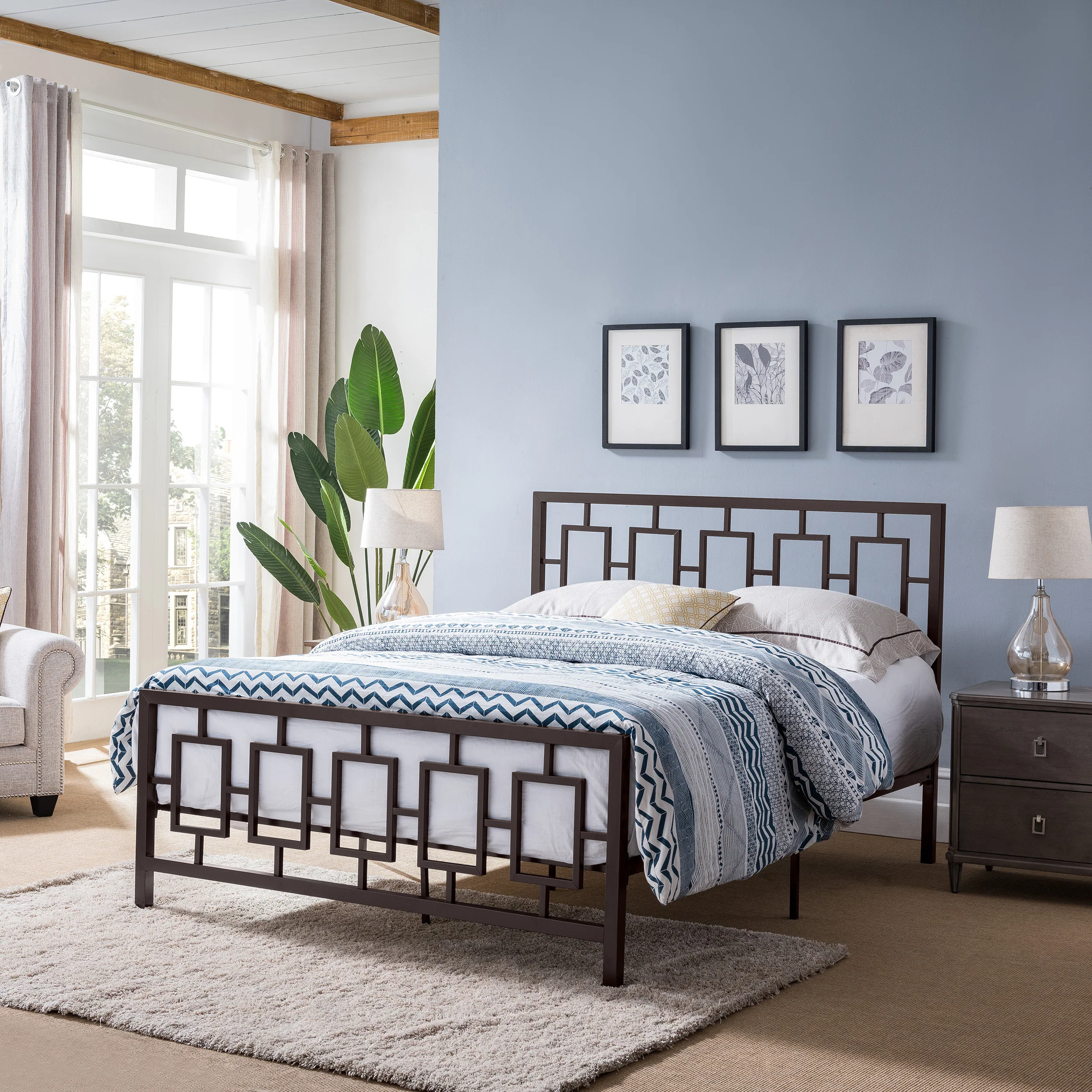 Dawn Queen-Size Geometric Platform Bed Frame, Iron, Modern, Low-Profile - furnishings