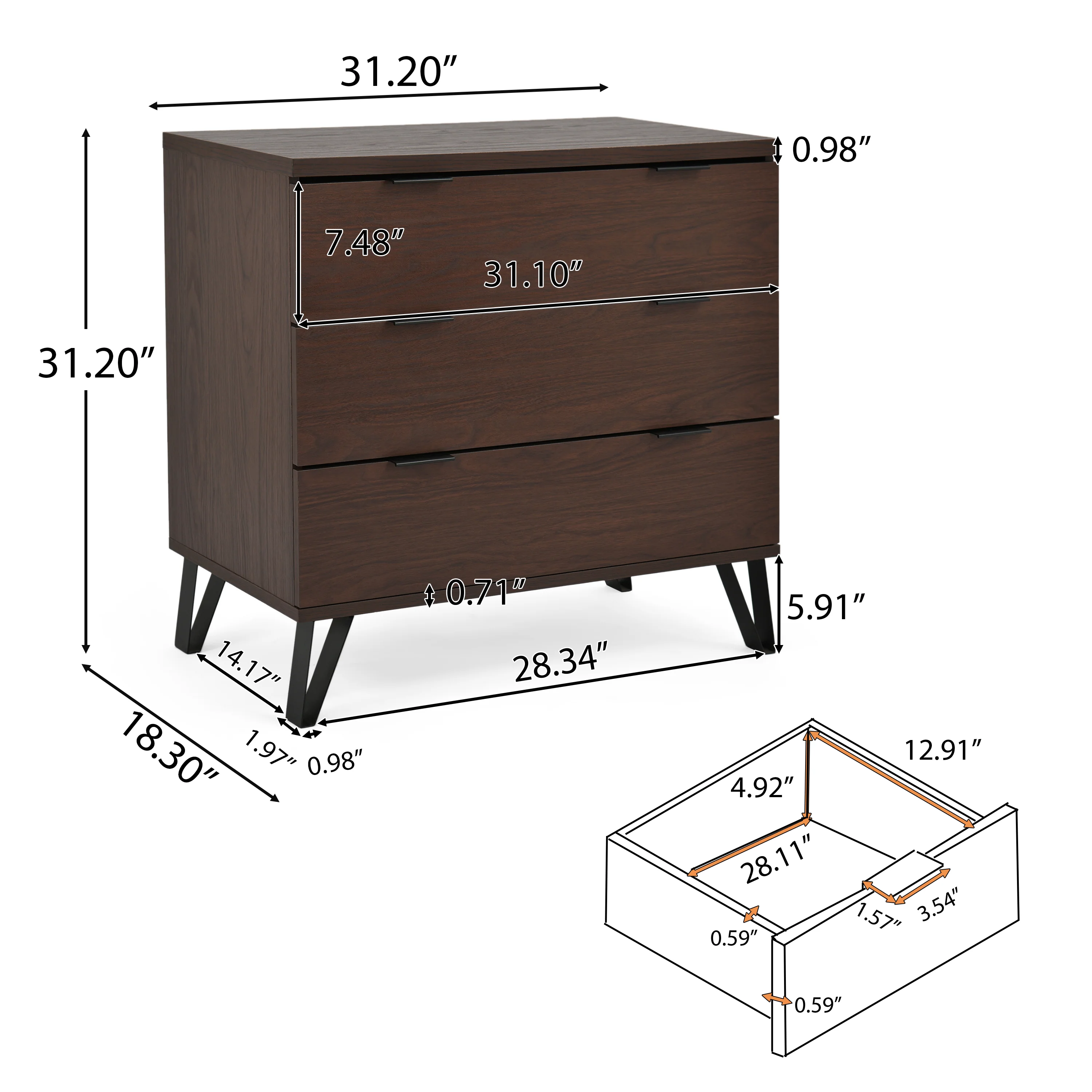 Demijen Modern Industrial 3 Piece 3 Drawer Dresser and Nightstand Bedroom Set, Walnut and Matte Black - furnishings