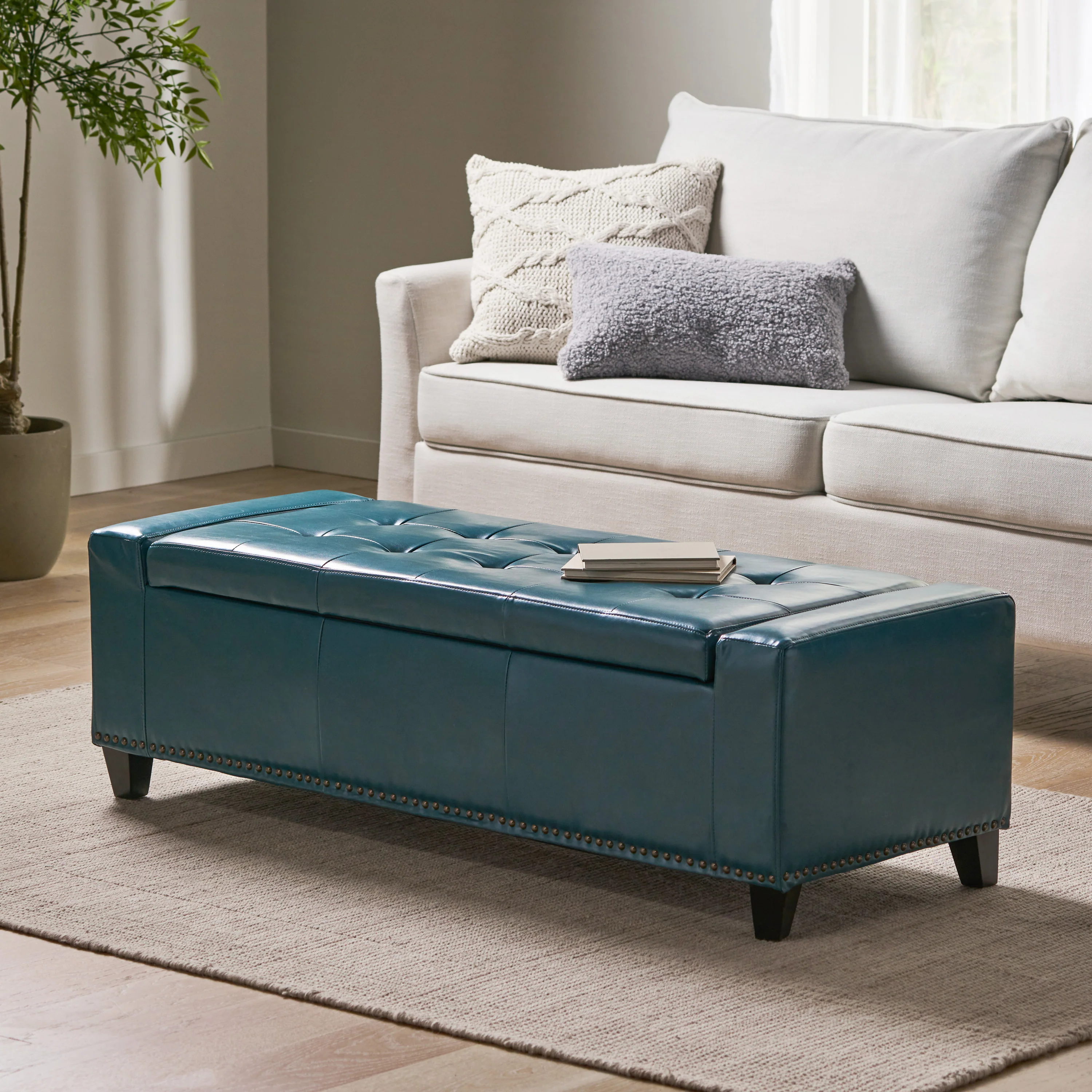 Robin Studded Teal Leather Storage Ottoman Bench - furnishings