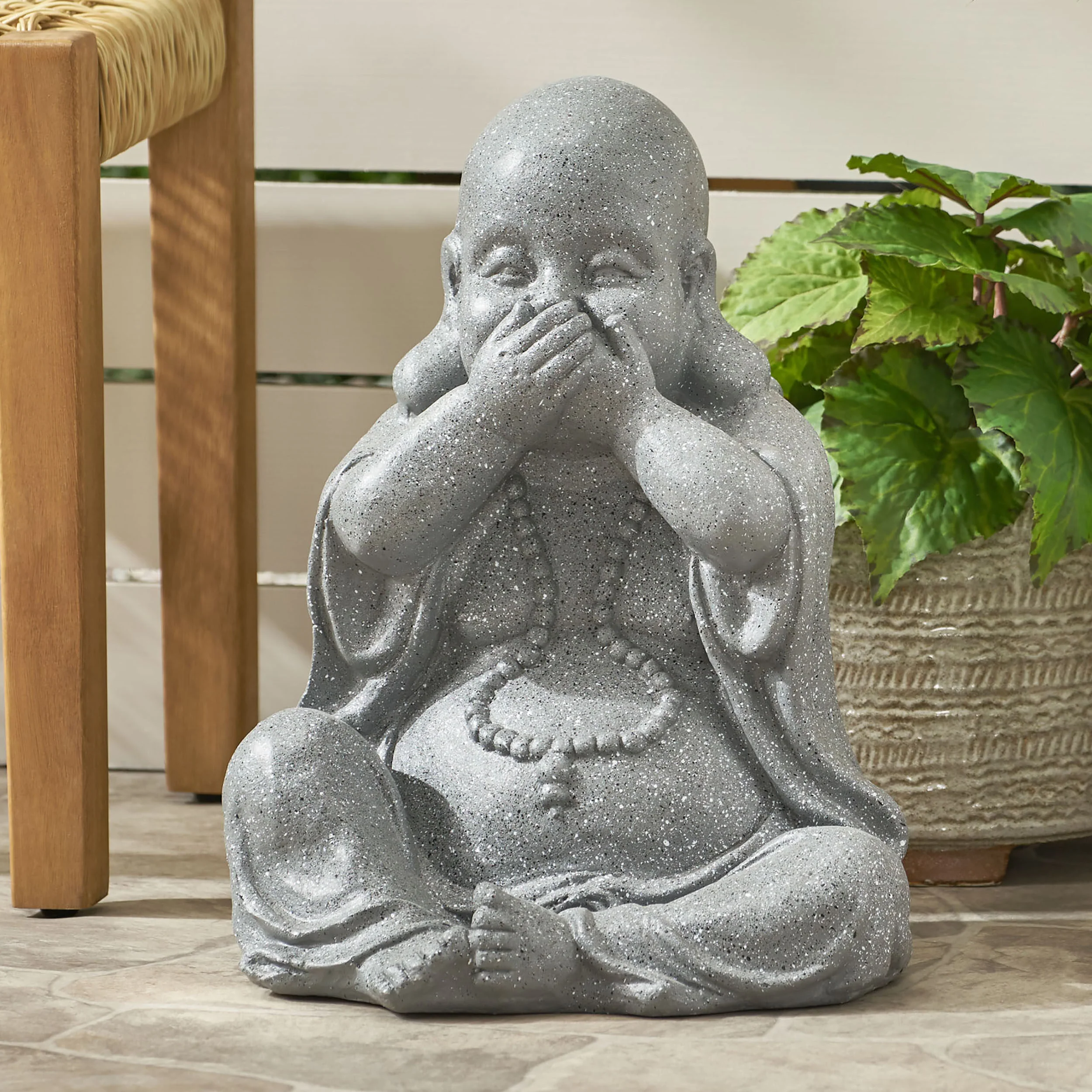 Conneaut Outdoor Speak No Evil Monk Garden Statue, Stone Gray - furnishings