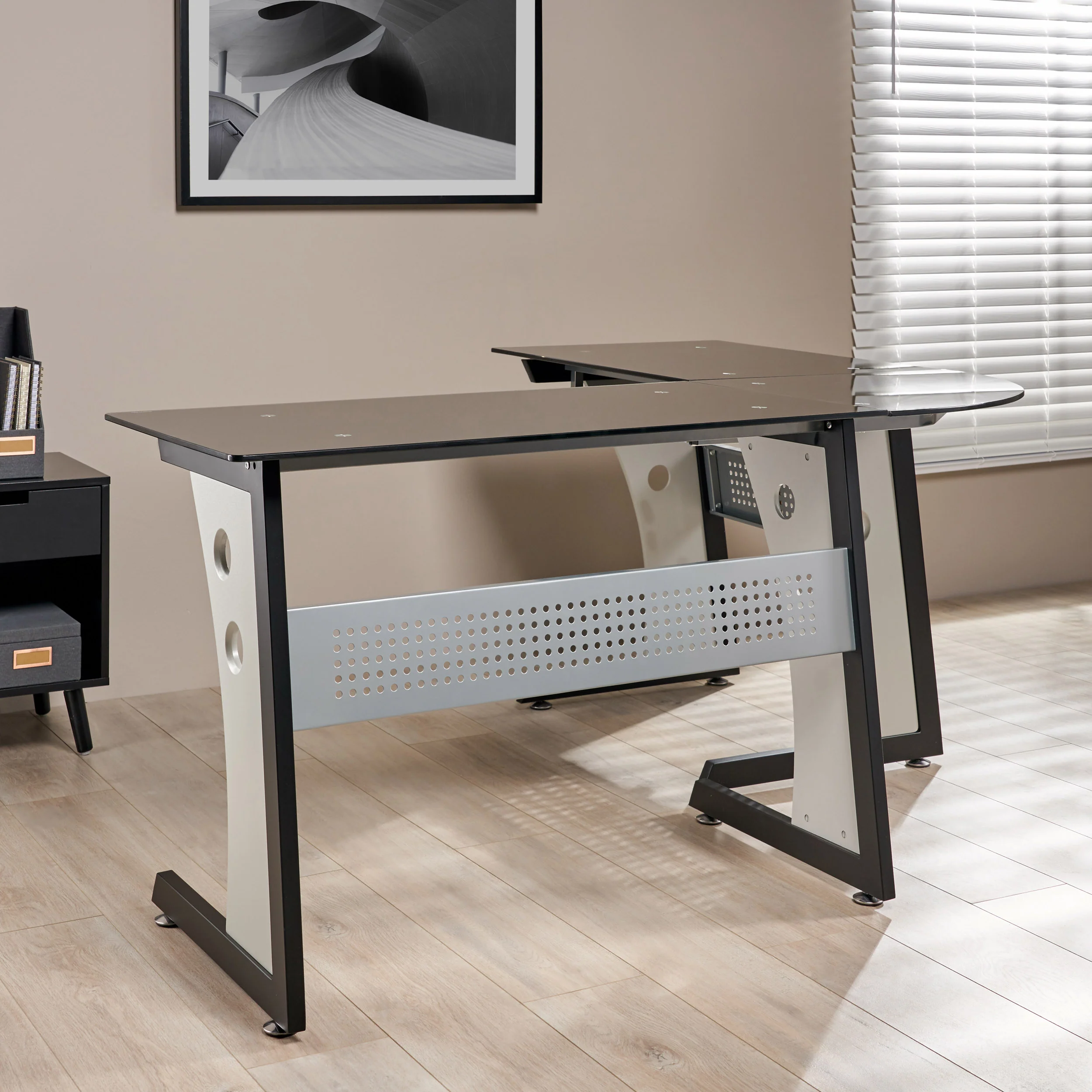 Orion Modern L-Shaped Black and Gray Iron Office Desk with Tempered Glass Top - furnishings
