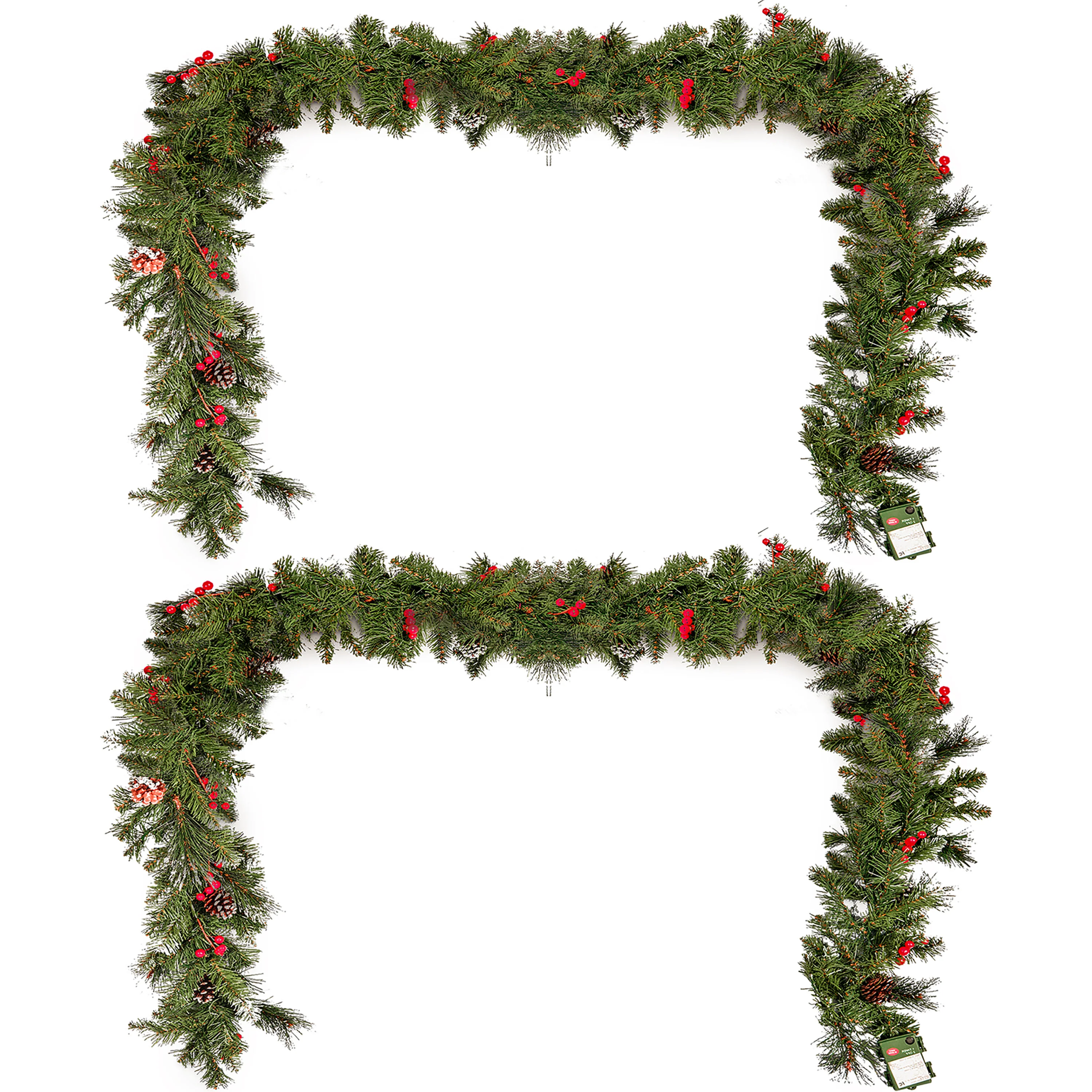 Leif 9'X10''Glitter Bristle Mixed Garland with 15 Red Berry and 15 Pine Cones and with 50 Warm White LED Lights with Timer-Battery Operated-Outdoor .180 Tips - furnishings