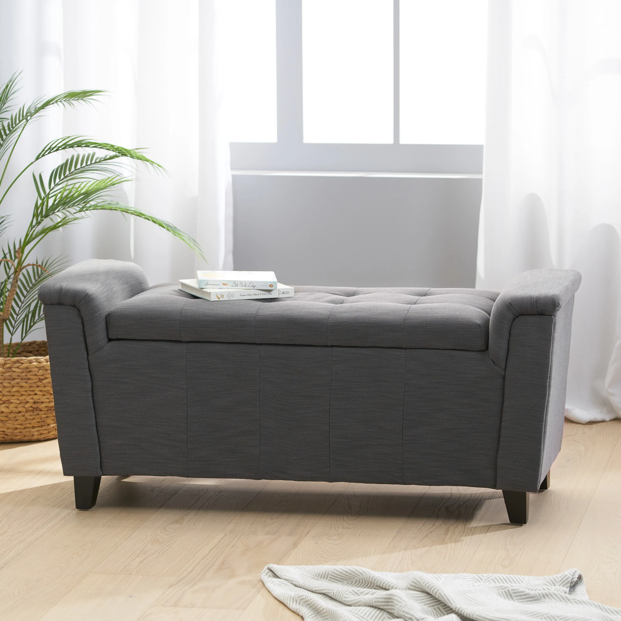 James Beige Tufted Fabric Armed Storage Ottoman Bench - furnishings