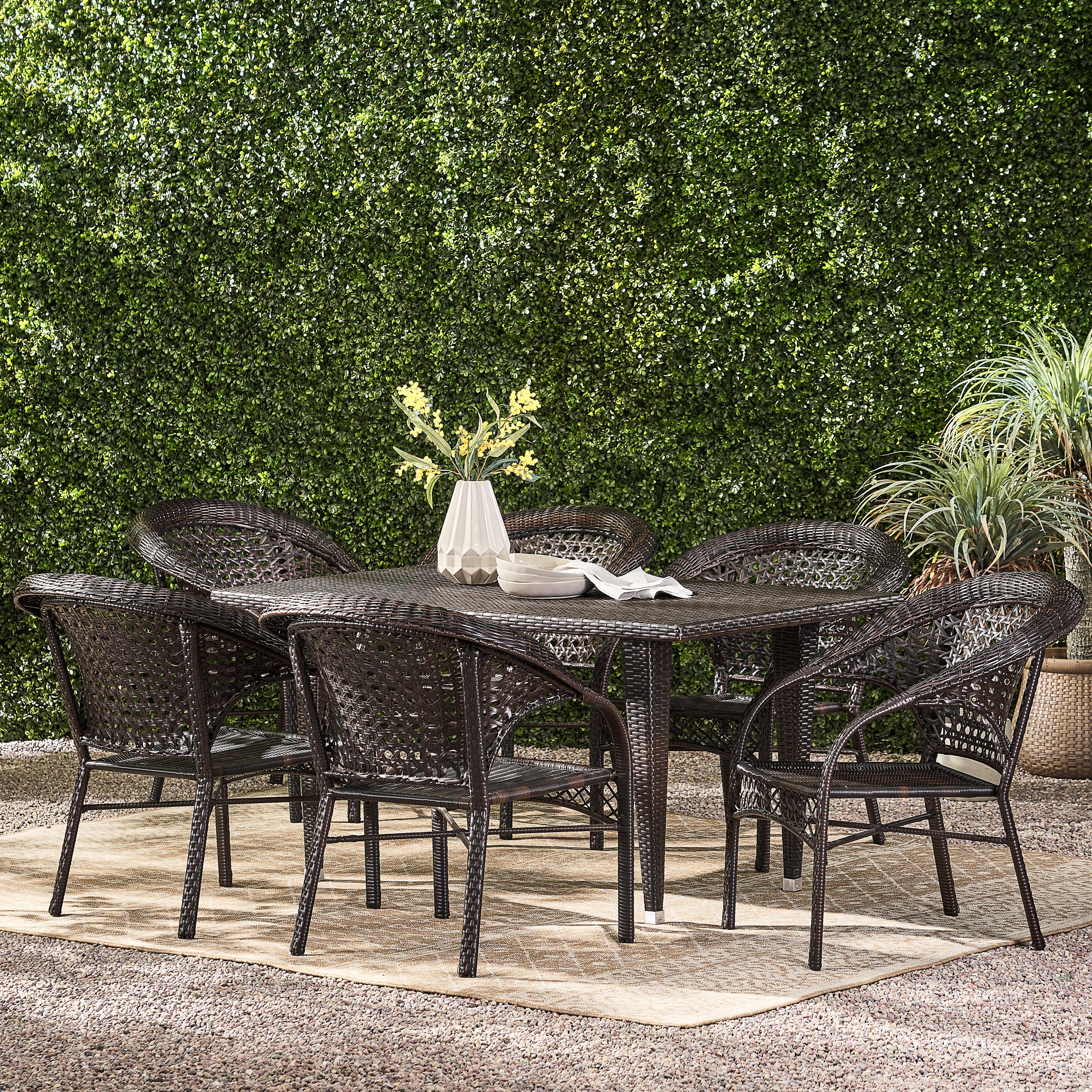 Louisiana Outdoor 7-Piece Brown Wicker Dining Set with Stackable Chairs - furnishings