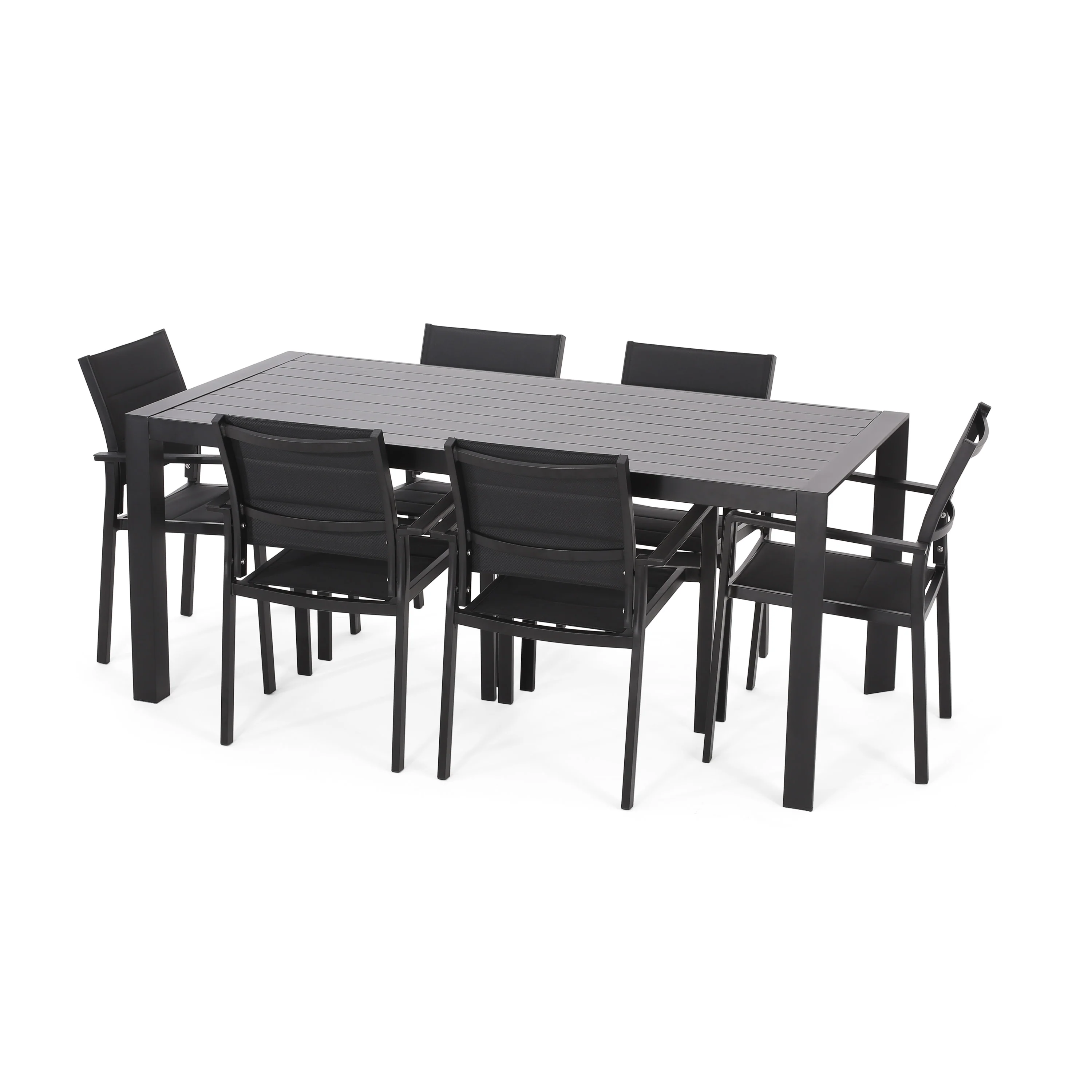Bellomy Outdoor Mesh and Aluminum 7 Piece Dining Set, Black - furnishings