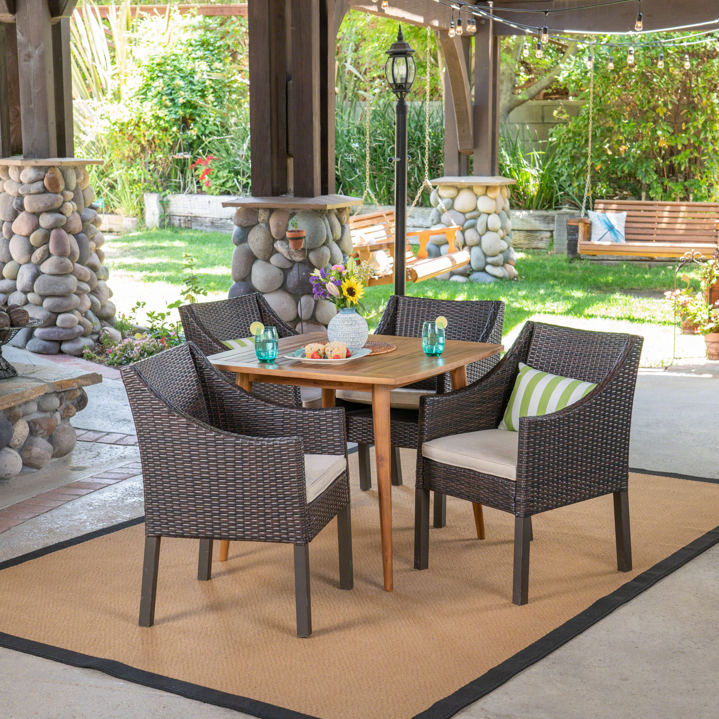 Lauryn Outdoor 5 Piece Wood and Wicker Dining Set, Teak and Multi Brown - furnishings