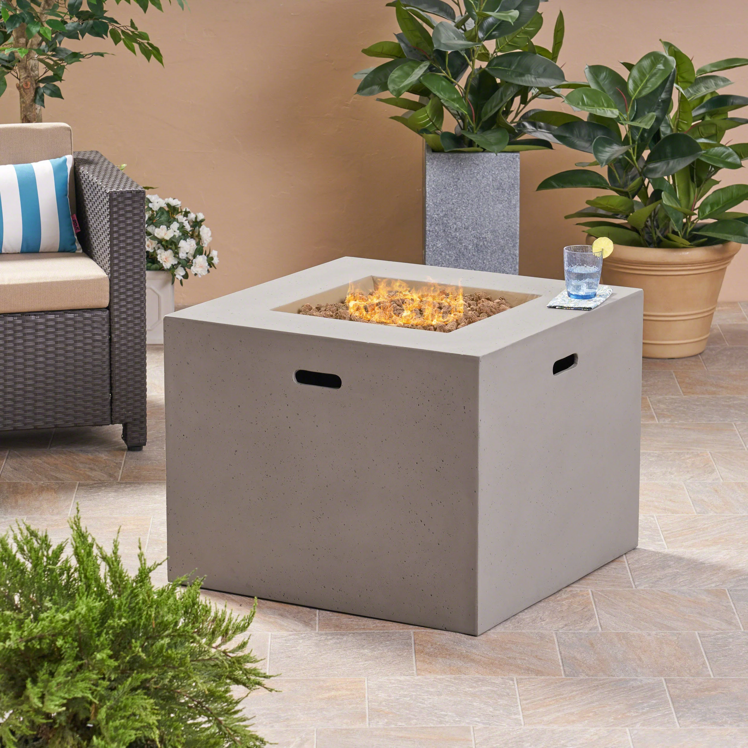 Leo Outdoor 31-inch Square Light Weight Concrete Gas Burning Fire Pit - furnishings