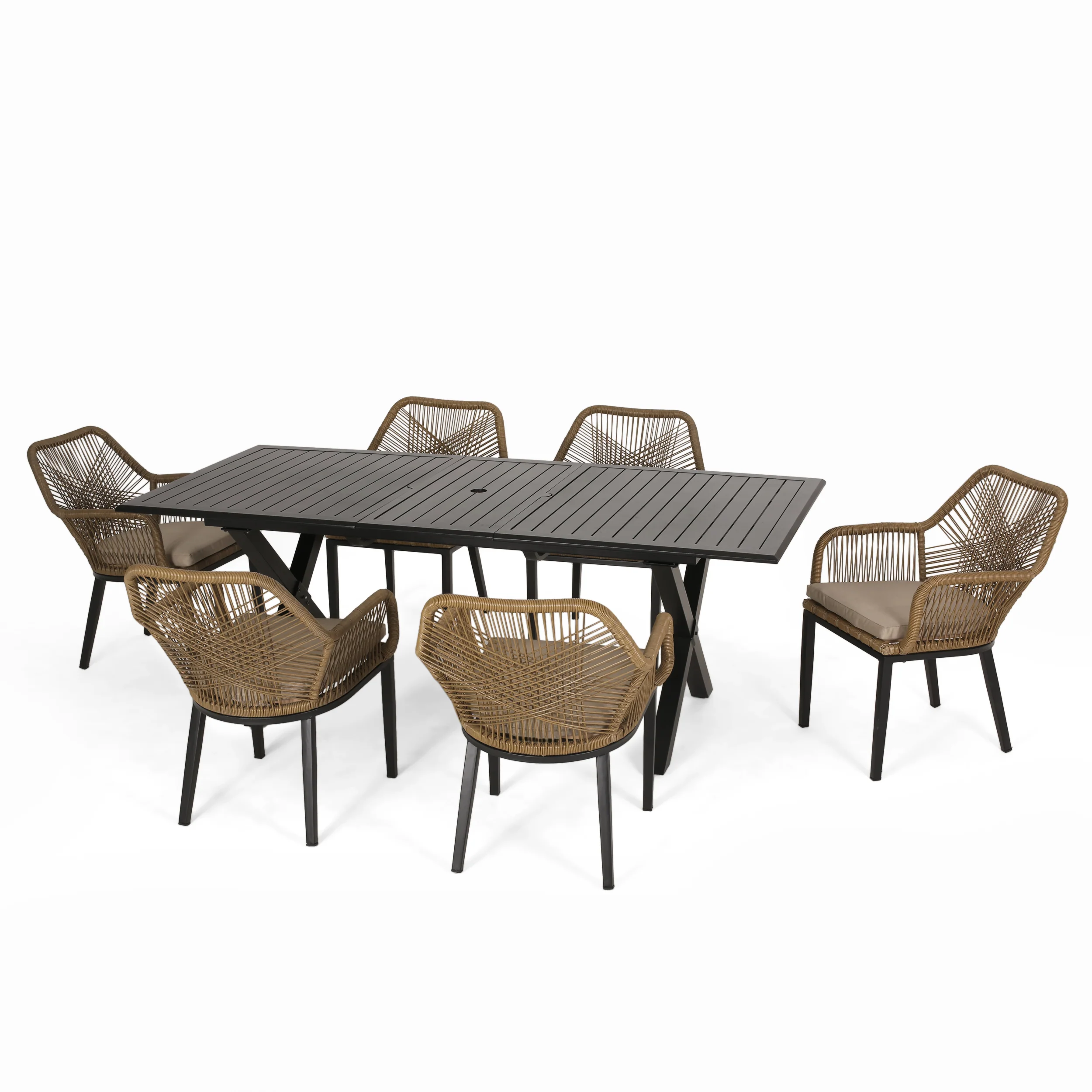 Westara Outdoor Wicker 7 Piece Dining Set with Cushion, Matte Black, Light Brown, and Beige - furnishings
