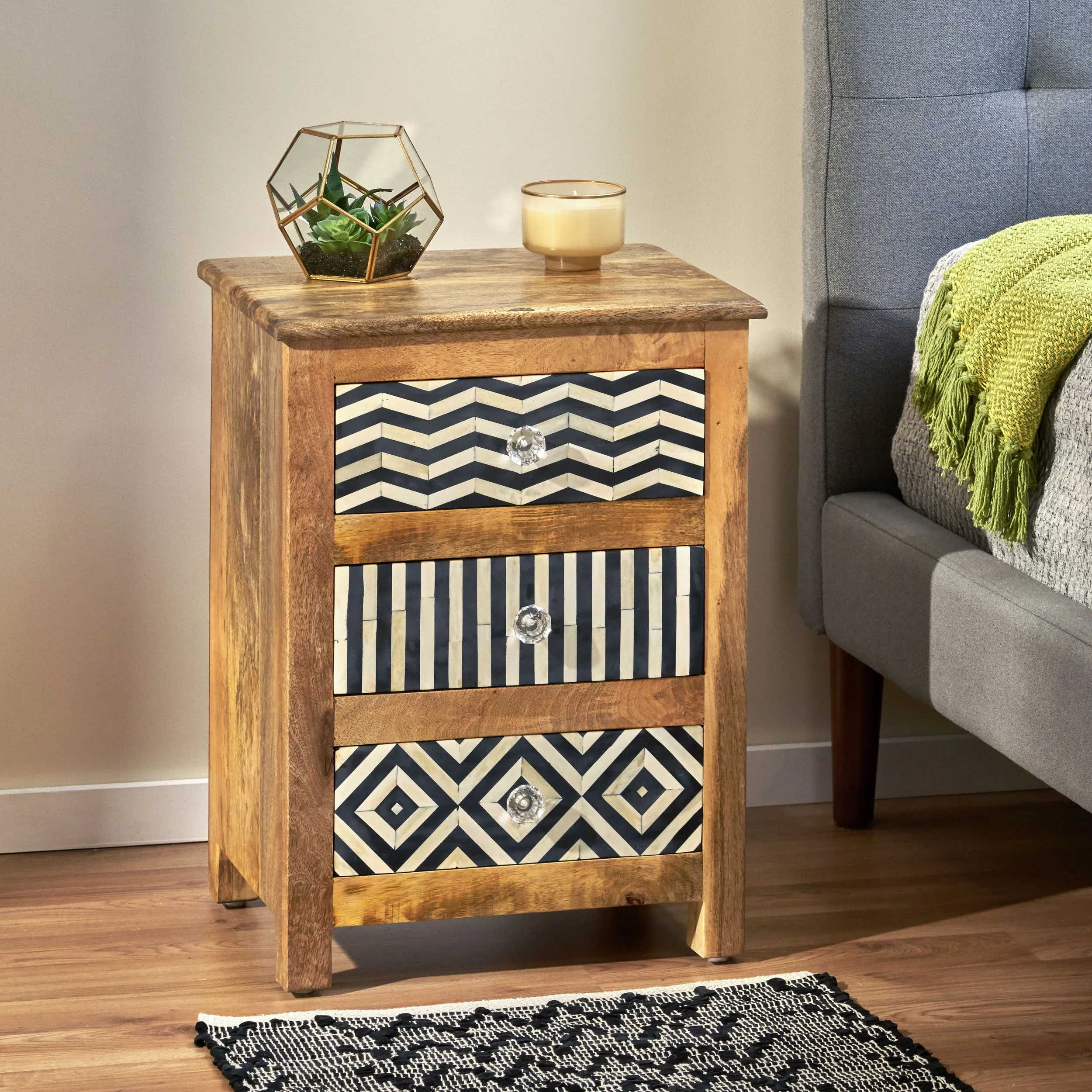 Hickson Handcrafted Boho 3 Drawer Mango Wood Nightstand - furnishings