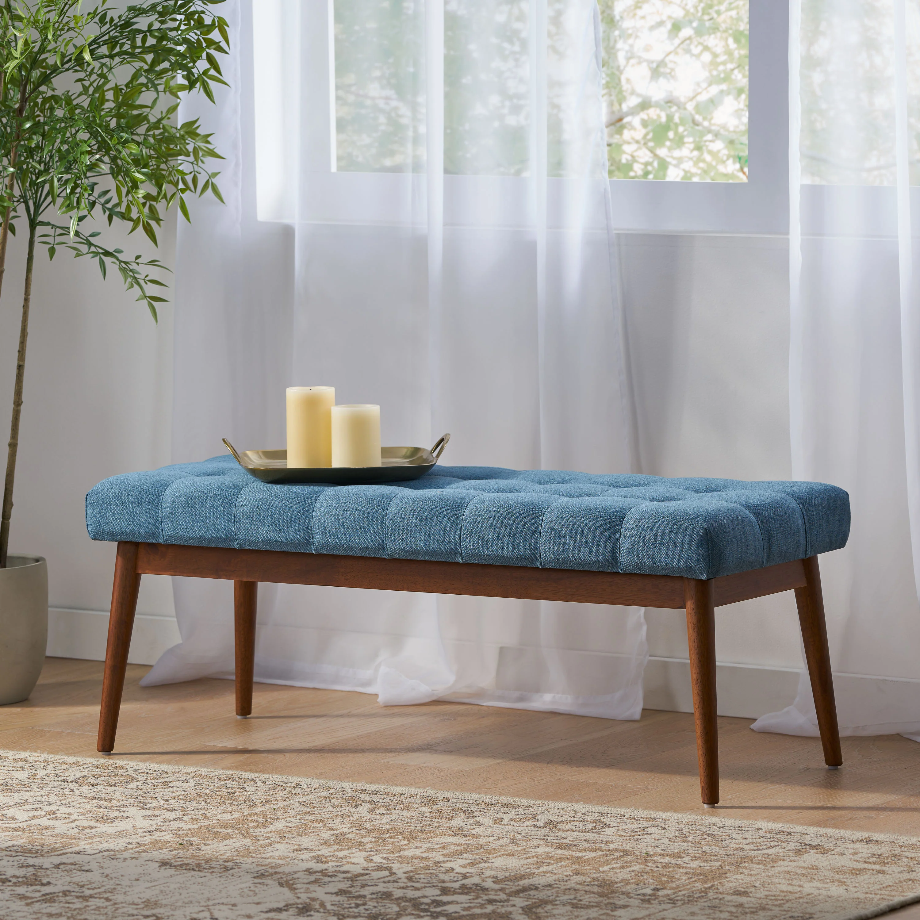 Flora Mid-Century Button Tufted Fabric Ottoman Bench with Tapered Legs - furnishings