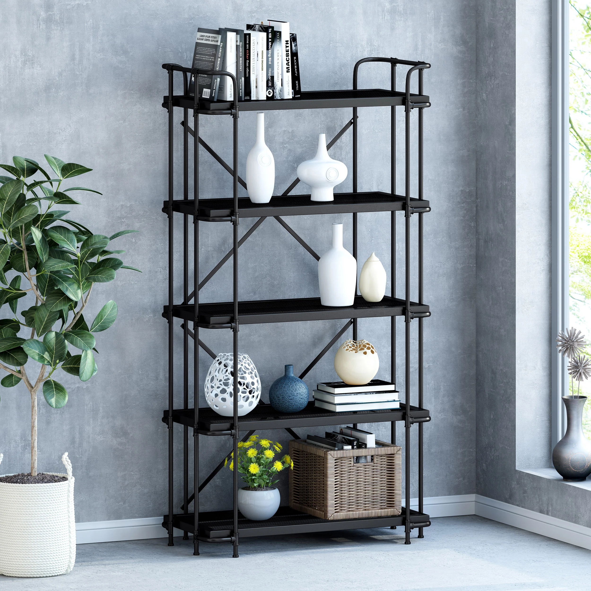 Kayla Indoor/Outdoor Industrial Iron Mesh 5 Shelf Bookcase, Matte Black - furnishings