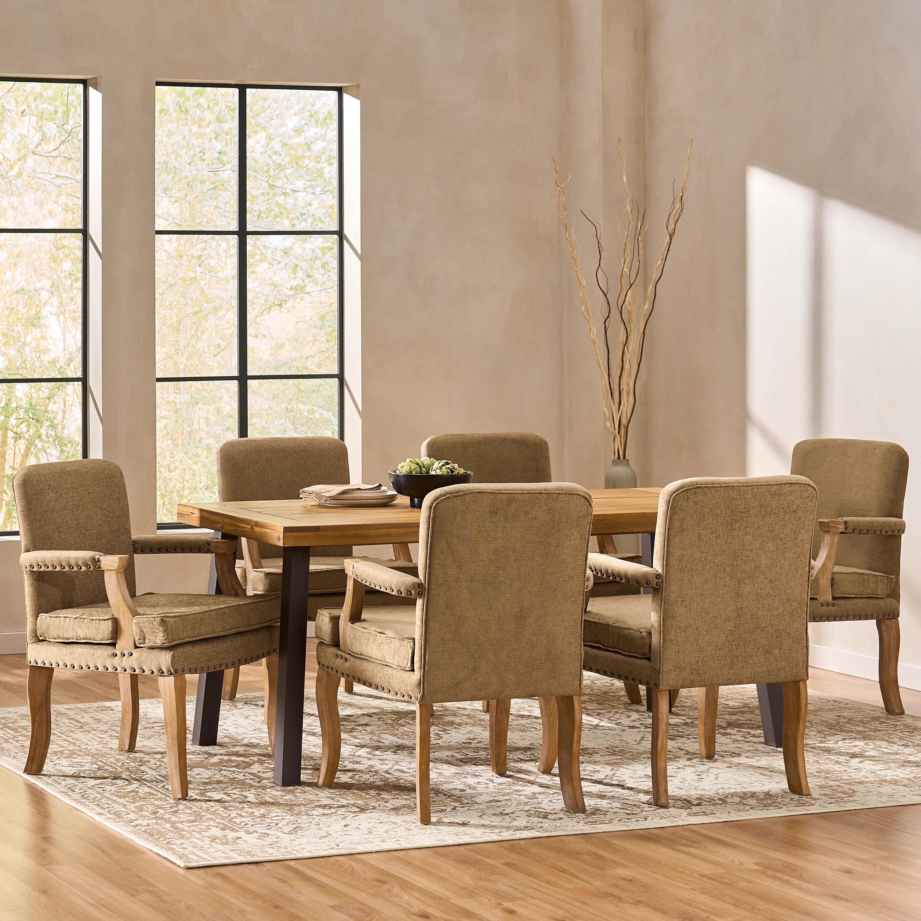 Tim French Country Fabric Dining Arm Chair with Nailhead Trim, Set of 6 - furnishings