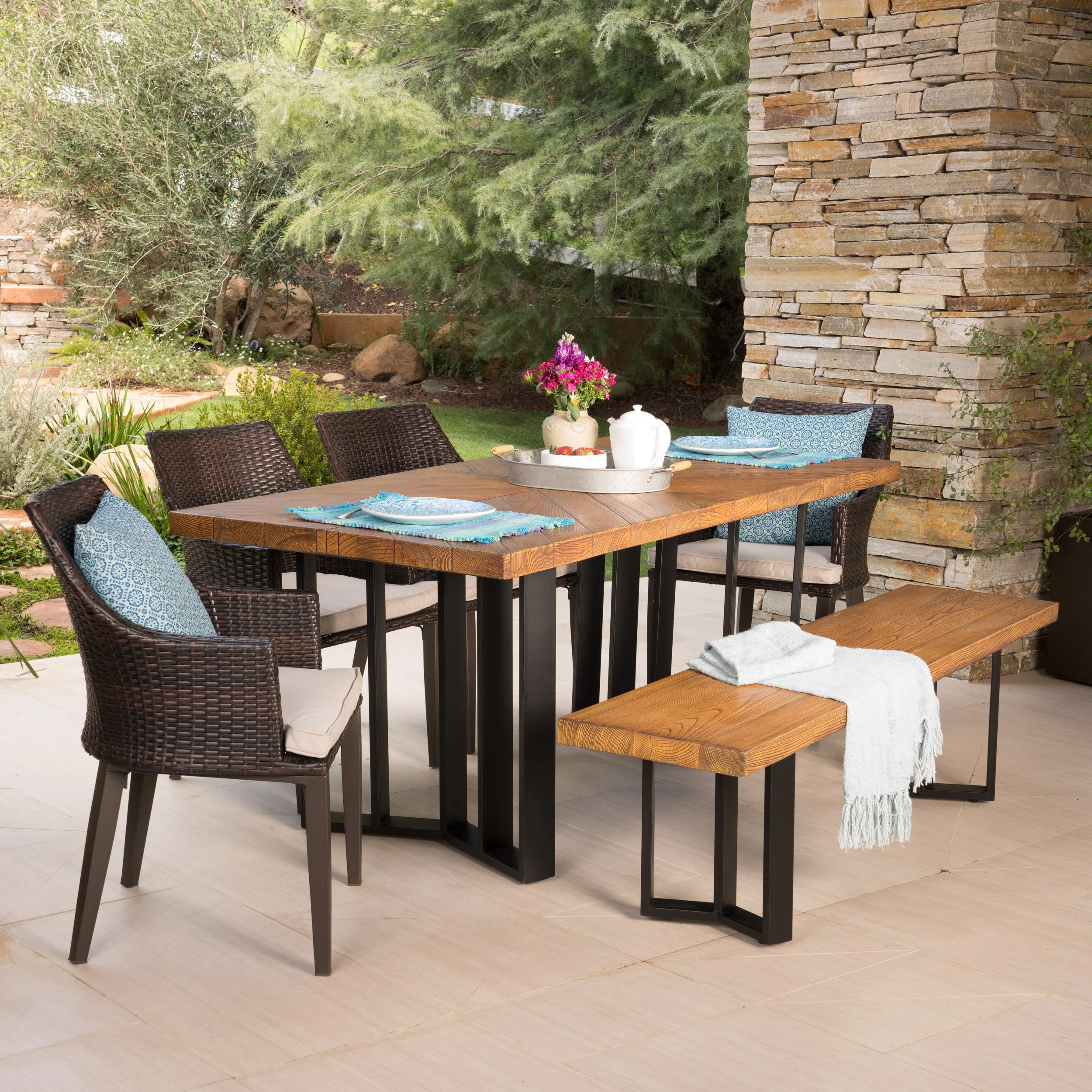 Valby Outdoor 6 Piece Wicker Dining Set with Concrete Dining Table and Bench - furnishings