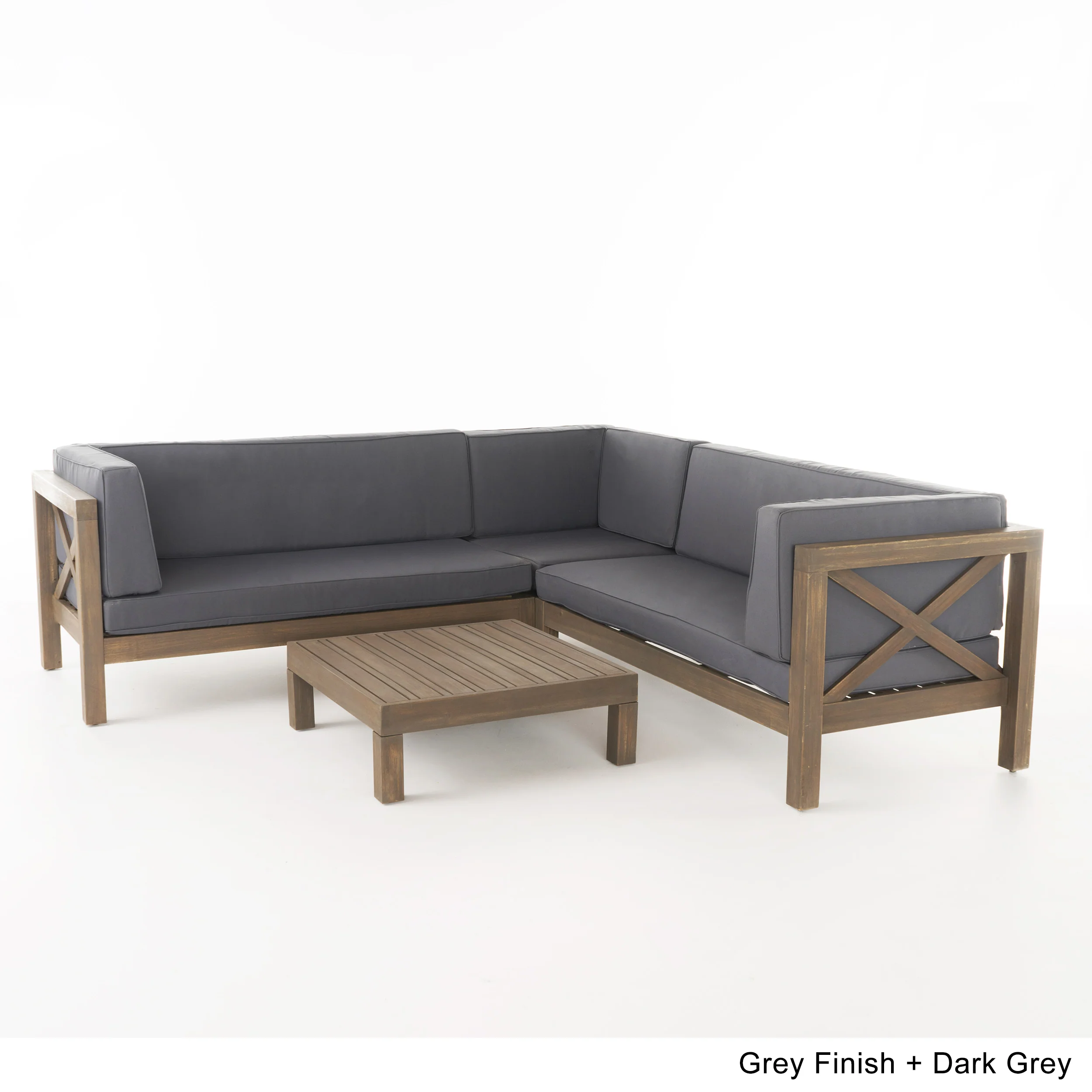 Brava Outdoor 4 Piece V-Shaped Acacia Wood Sectional Sofa and Coffee Table Set - furnishings