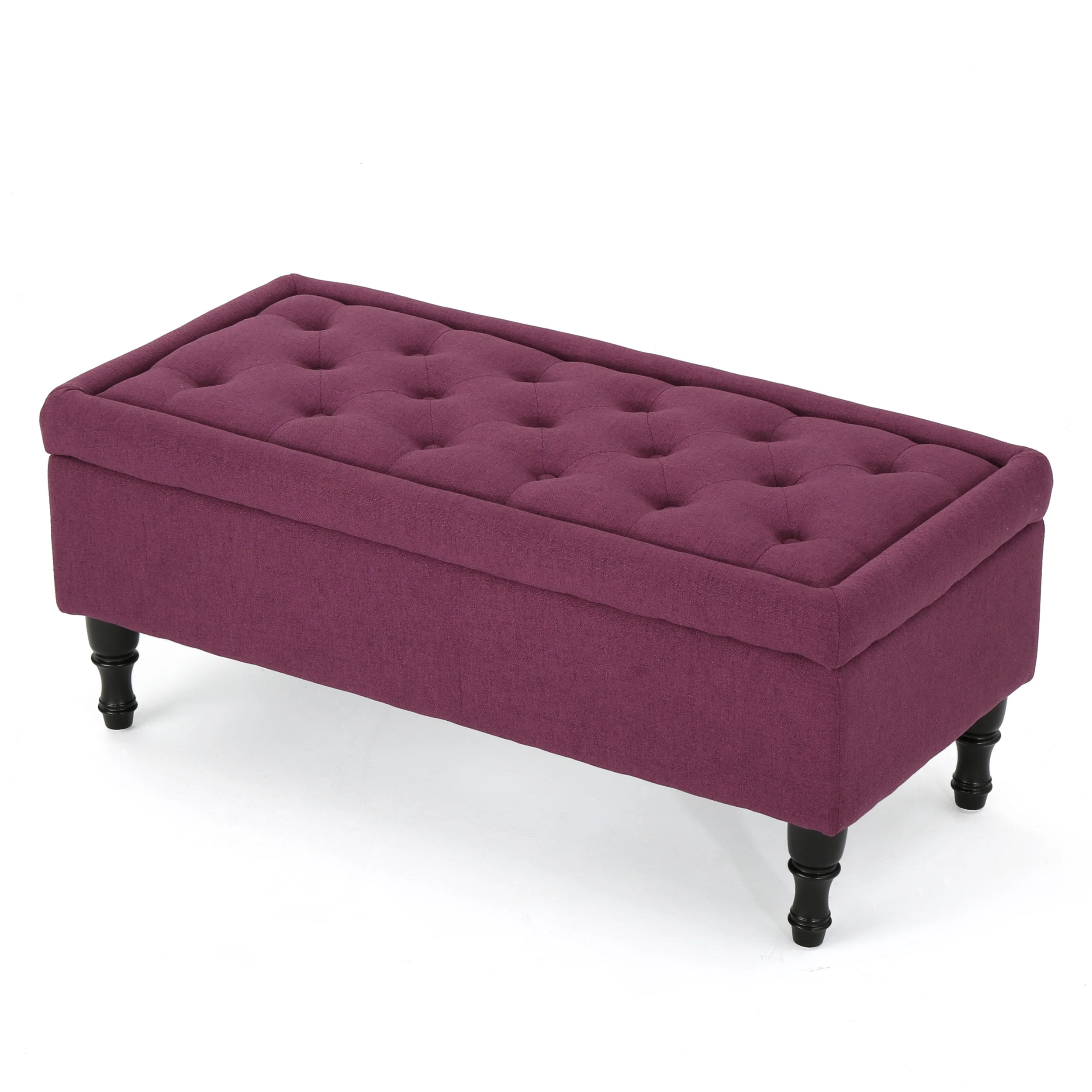 Constance Button Tufted Fabric Rectangle Storage Ottoman Bench w/ Turned Legs - furnishings