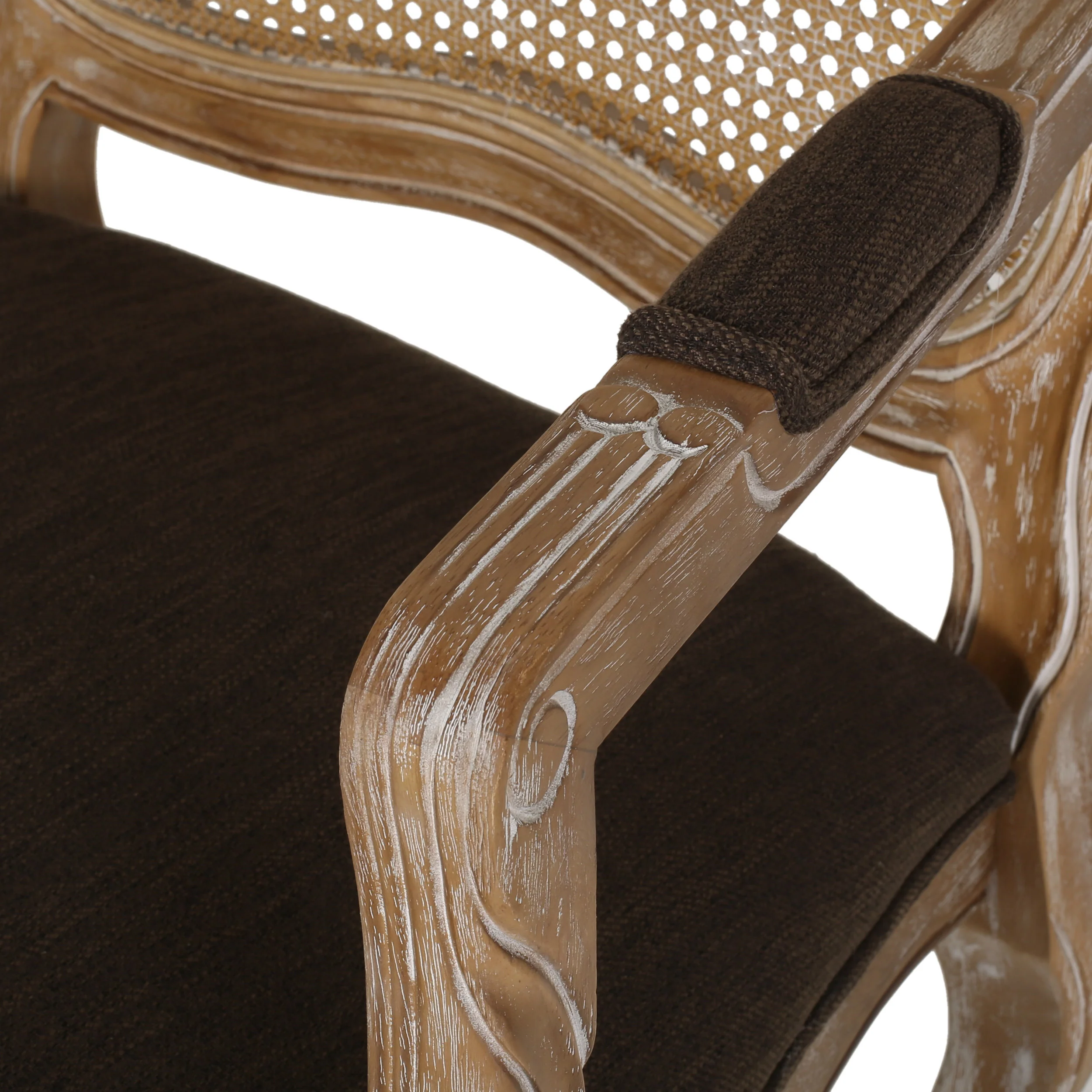 Biorn French Country Wood and Cane Upholstered Dining Armchair - furnishings