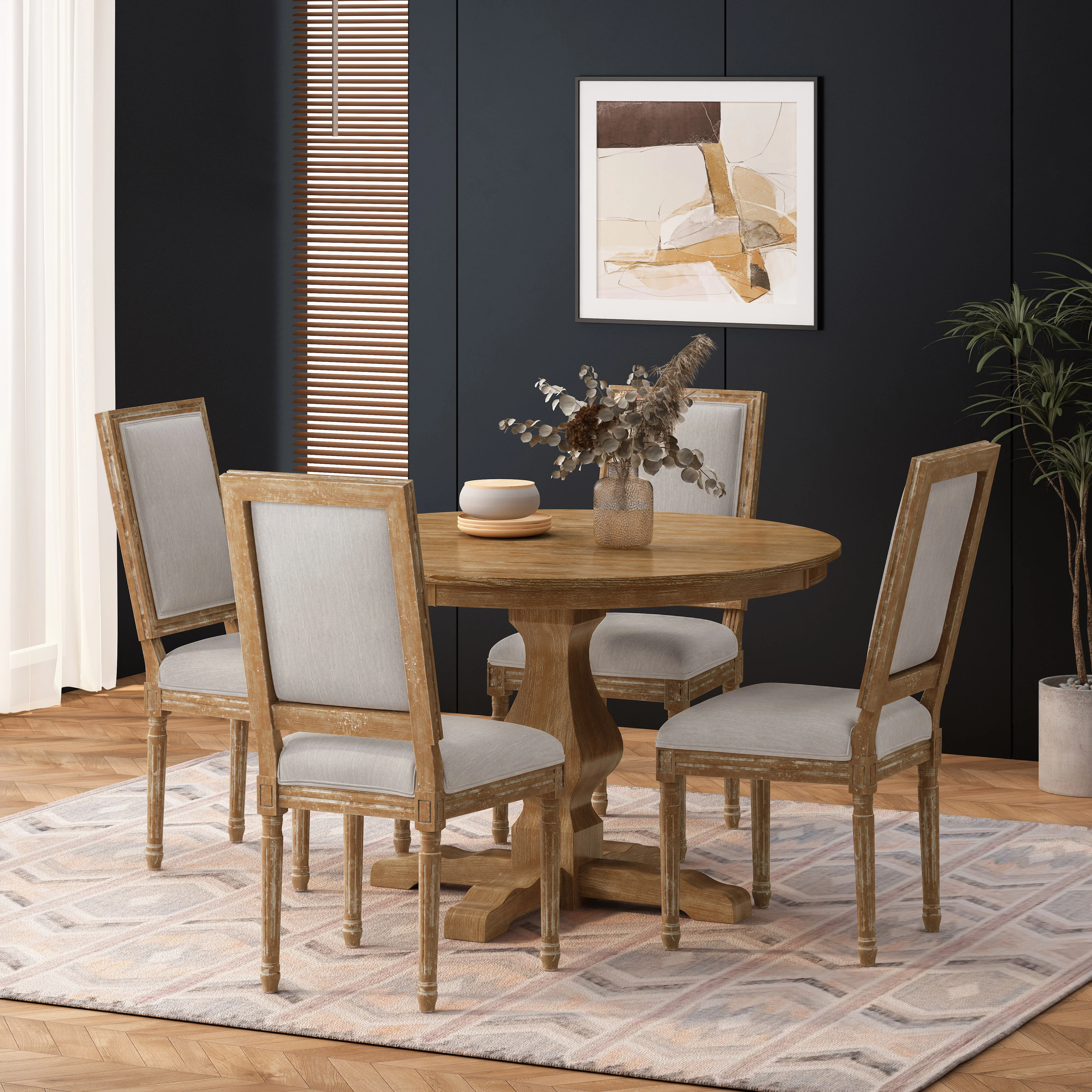 Merlene French Country Fabric Upholstered Wood 5 Piece Circular Dining Set - furnishings