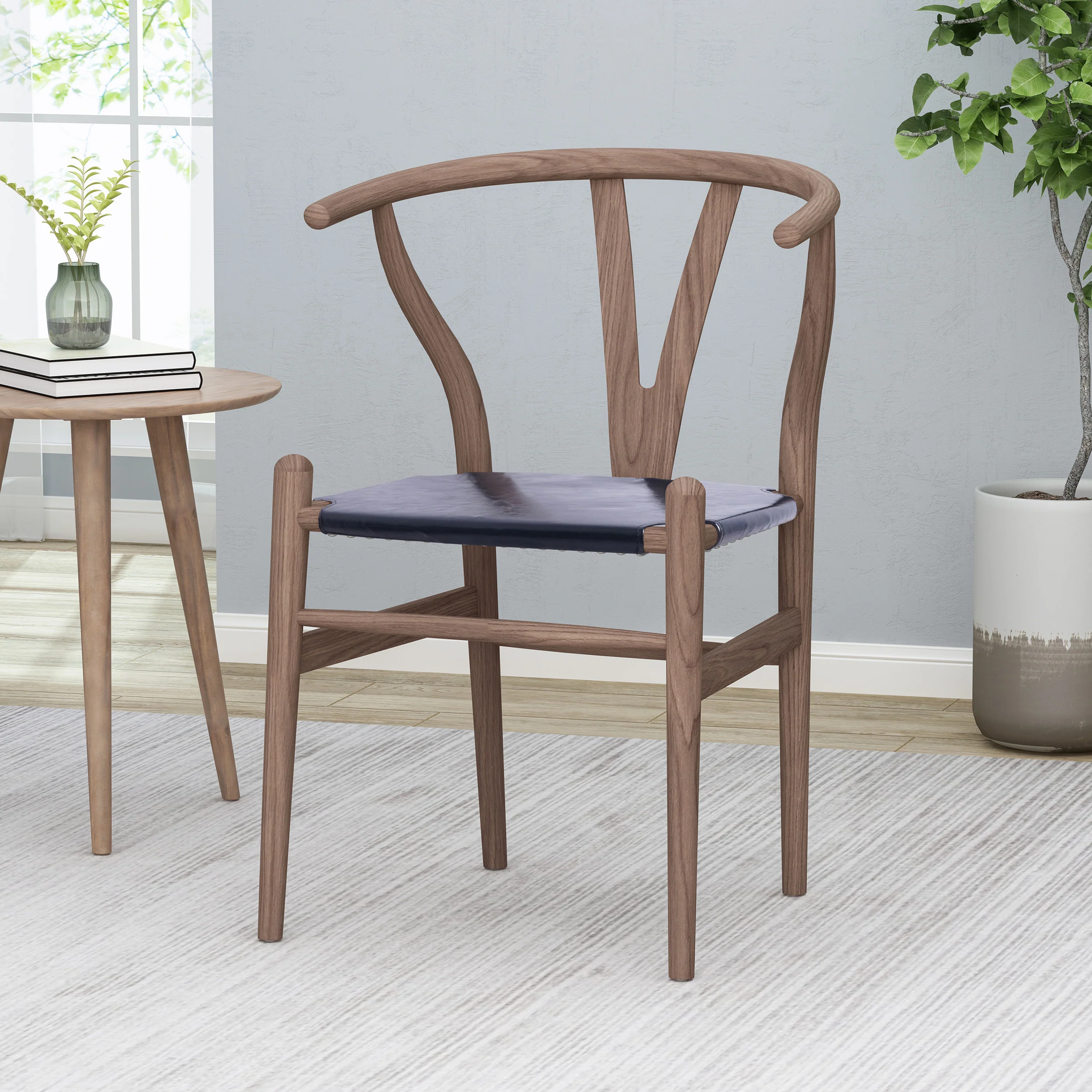 Quince Rustic Faux Leather and Elm Wood Wishbone Chair - furnishings
