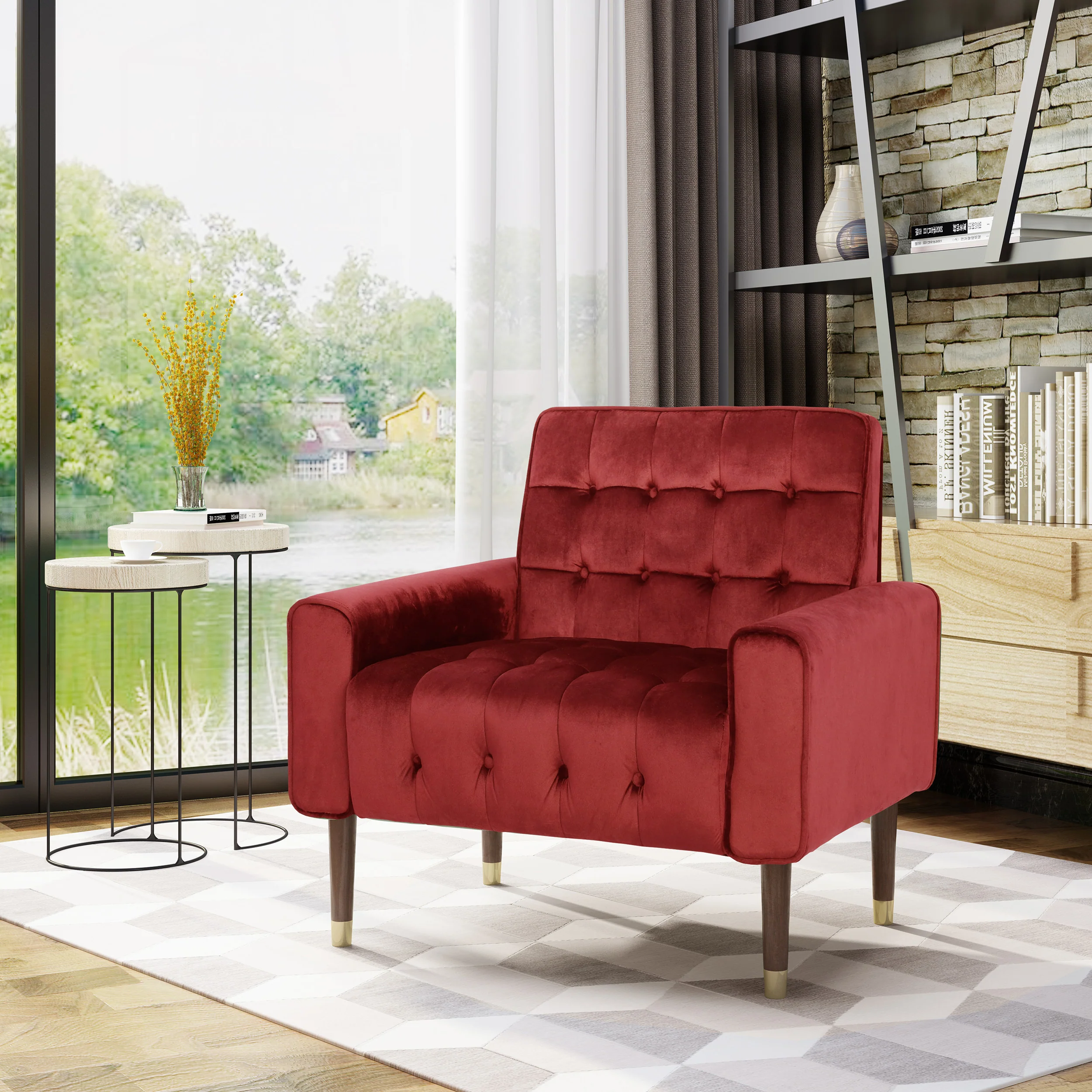 Betsy Velvet Armchair, Modern Glam, Button-Tufted, Waffle Stitching - furnishings