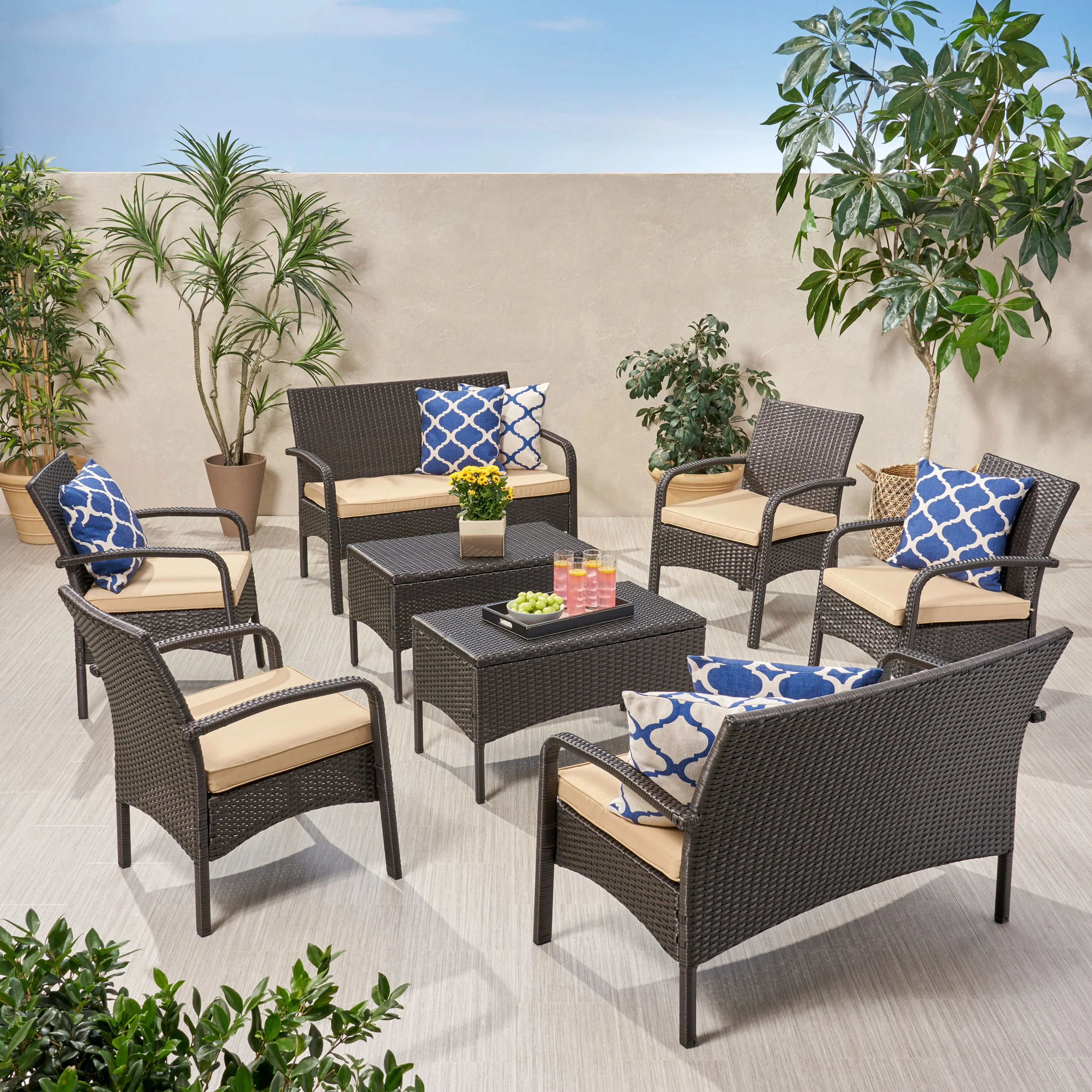 Carmela Outdoor 8 Seater Wicker Chat Set with Cushions - furnishings