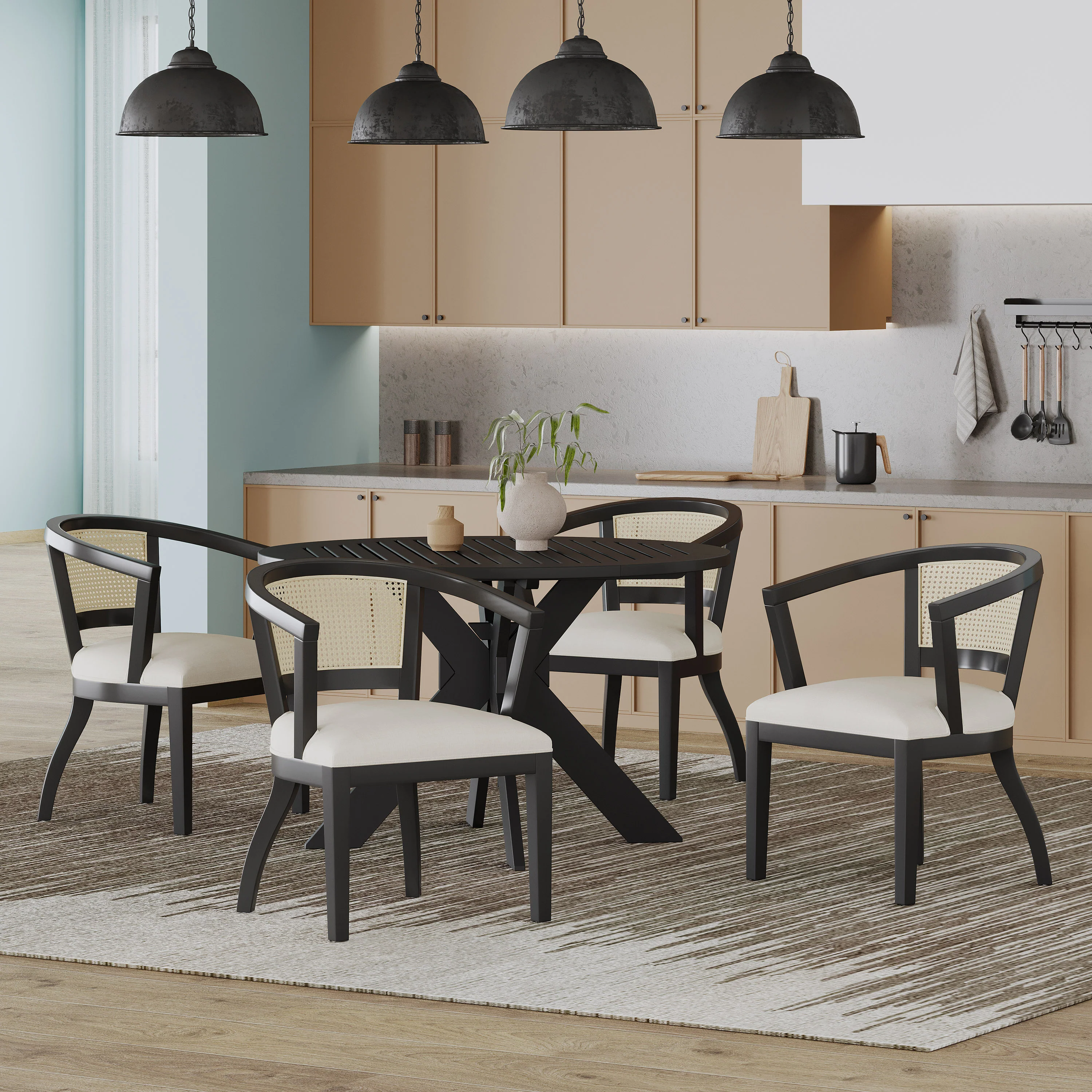 Bannock Contemporary Upholstered Wood and Cane 5 Piece Dining Set - furnishings