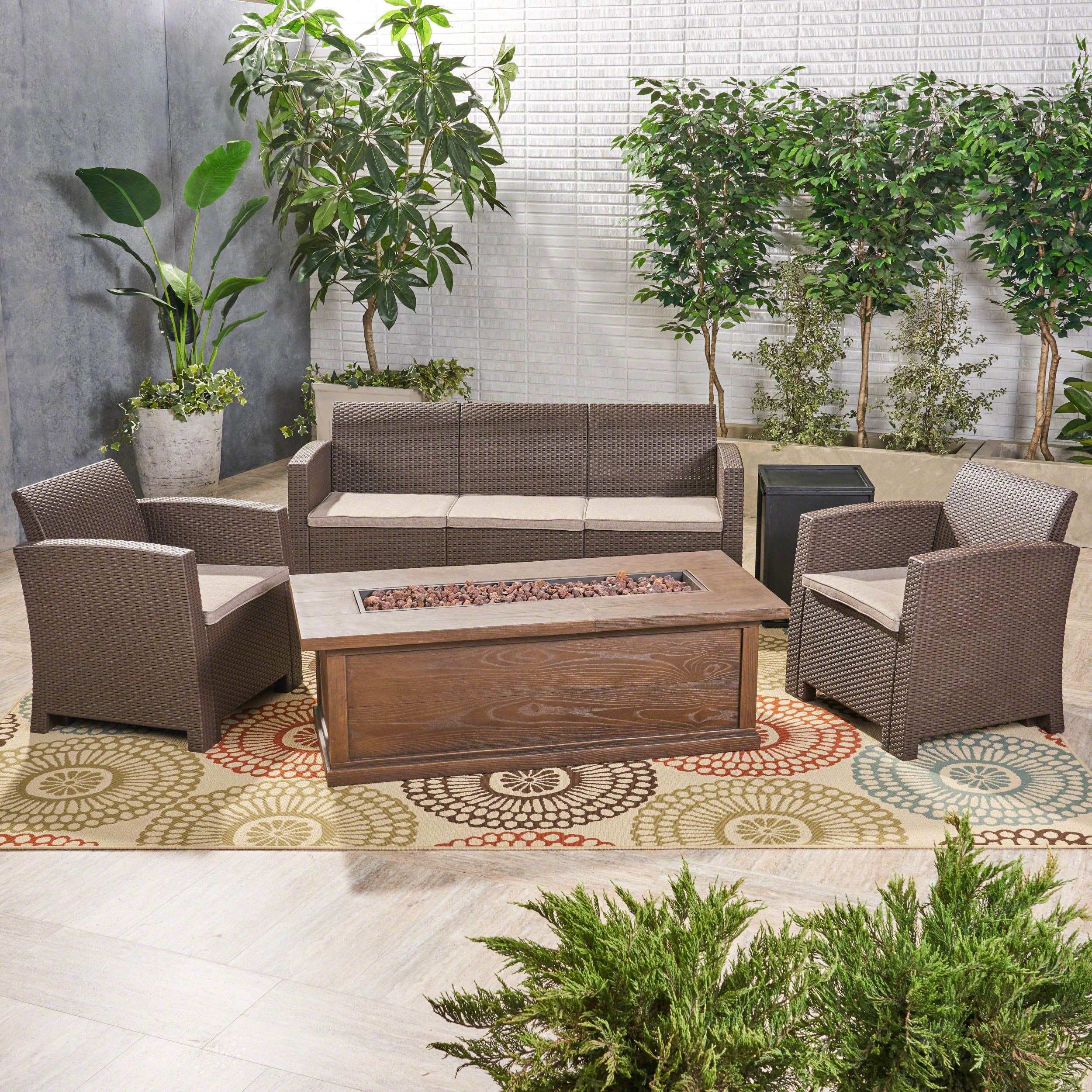 Ian Outdoor 5-Seater Wicker Print Chat Set with Fire Pit and Tank Holder - furnishings