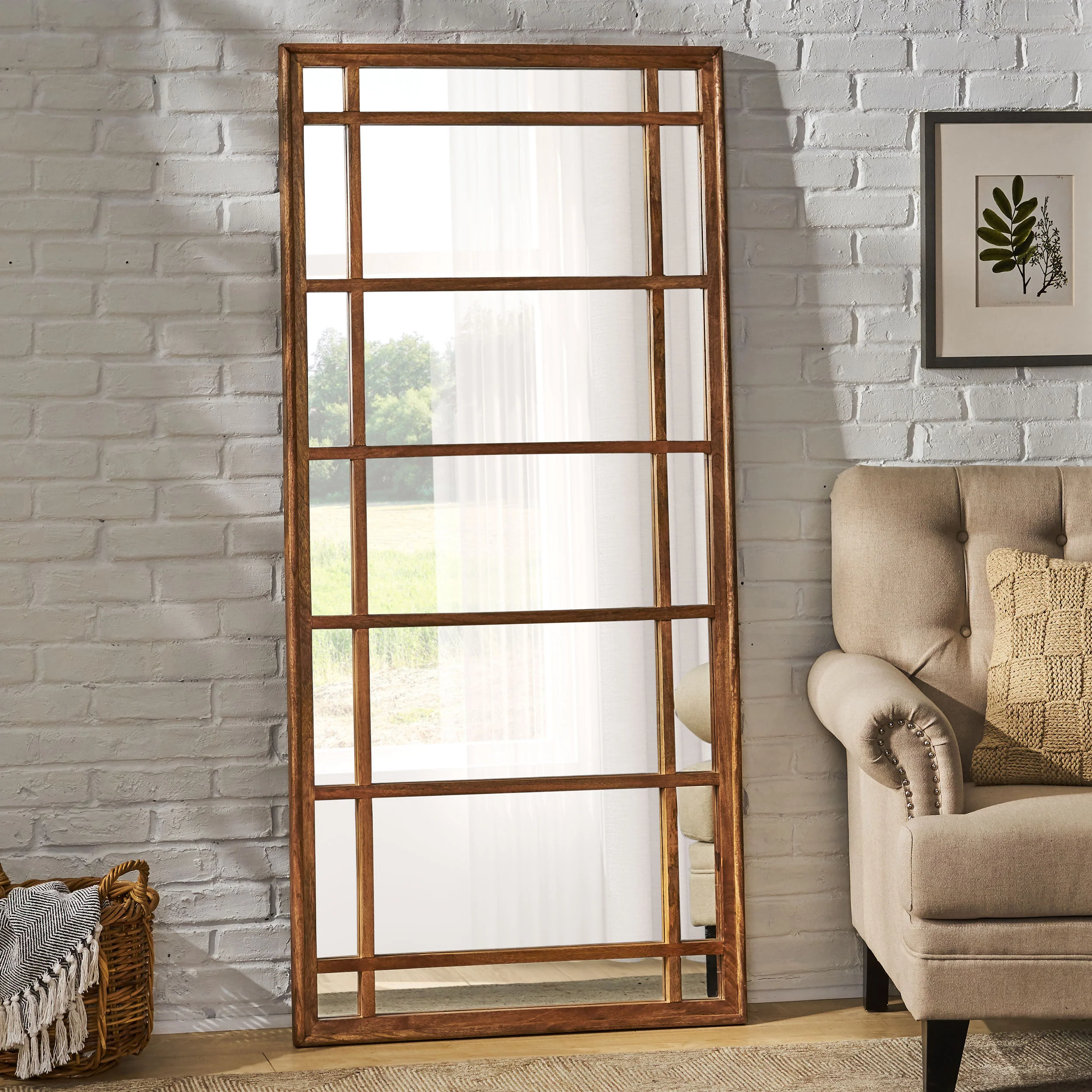 Miske Rustic Handcrafted Mango Wood Standing Mirror, Natural - furnishings