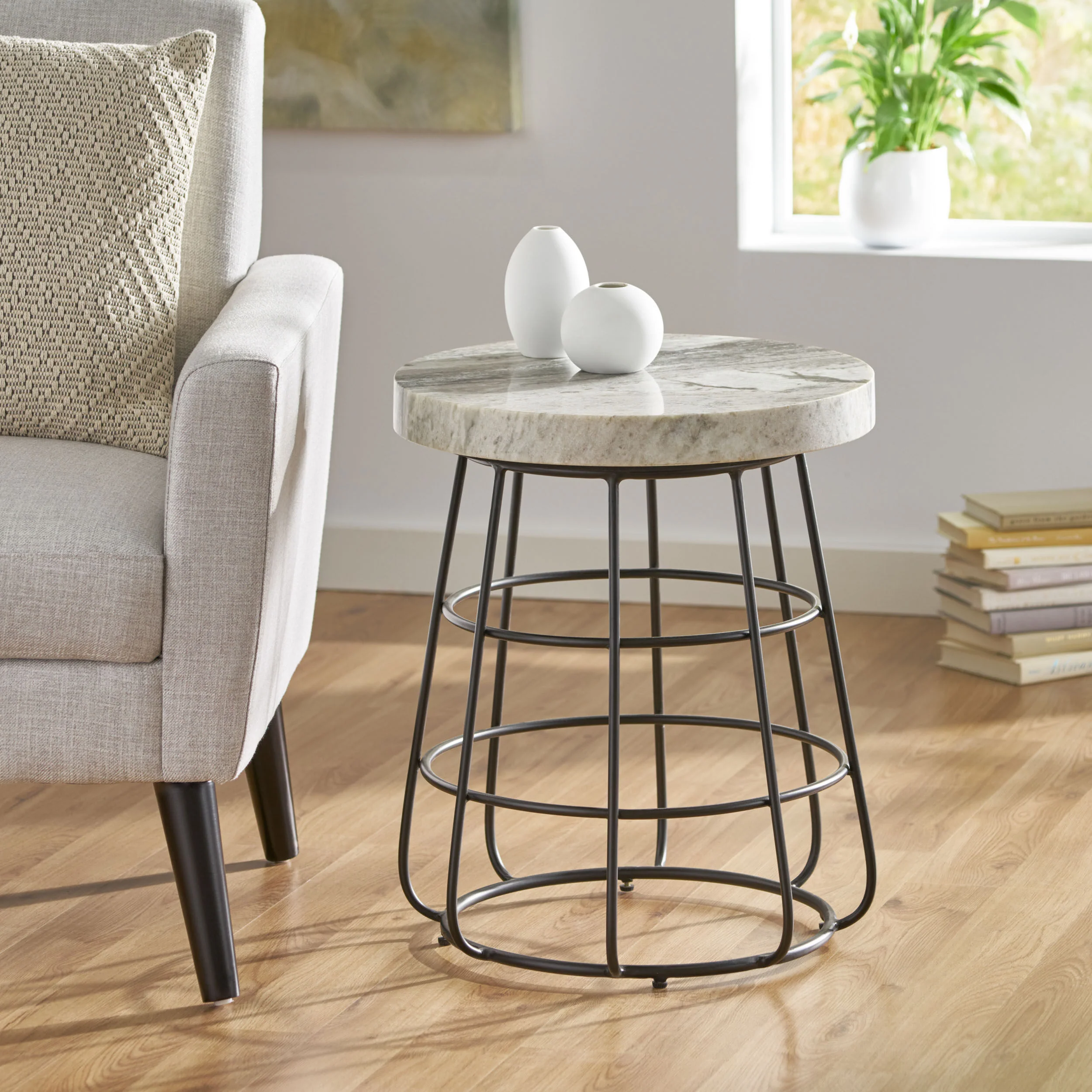 Breaden Modern Handcrafted Marble Side Table, Sand and Black - furnishings