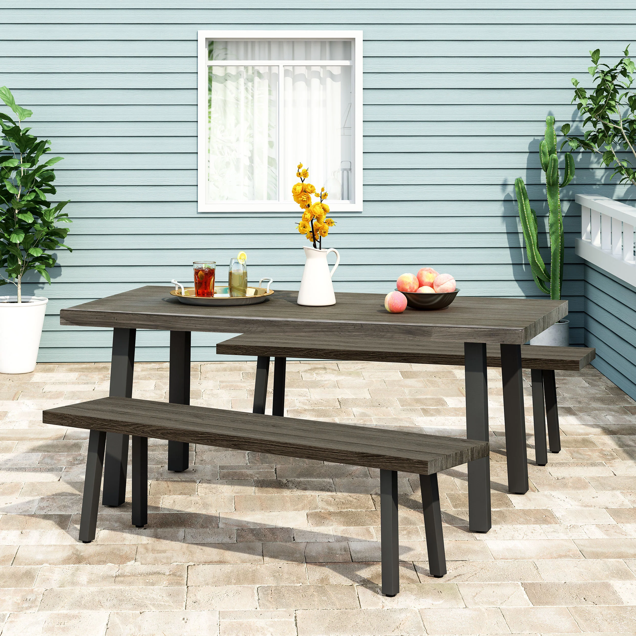 Altair Outdoor Modern Industrial 3 Piece Aluminum Dining Set with Benches - furnishings