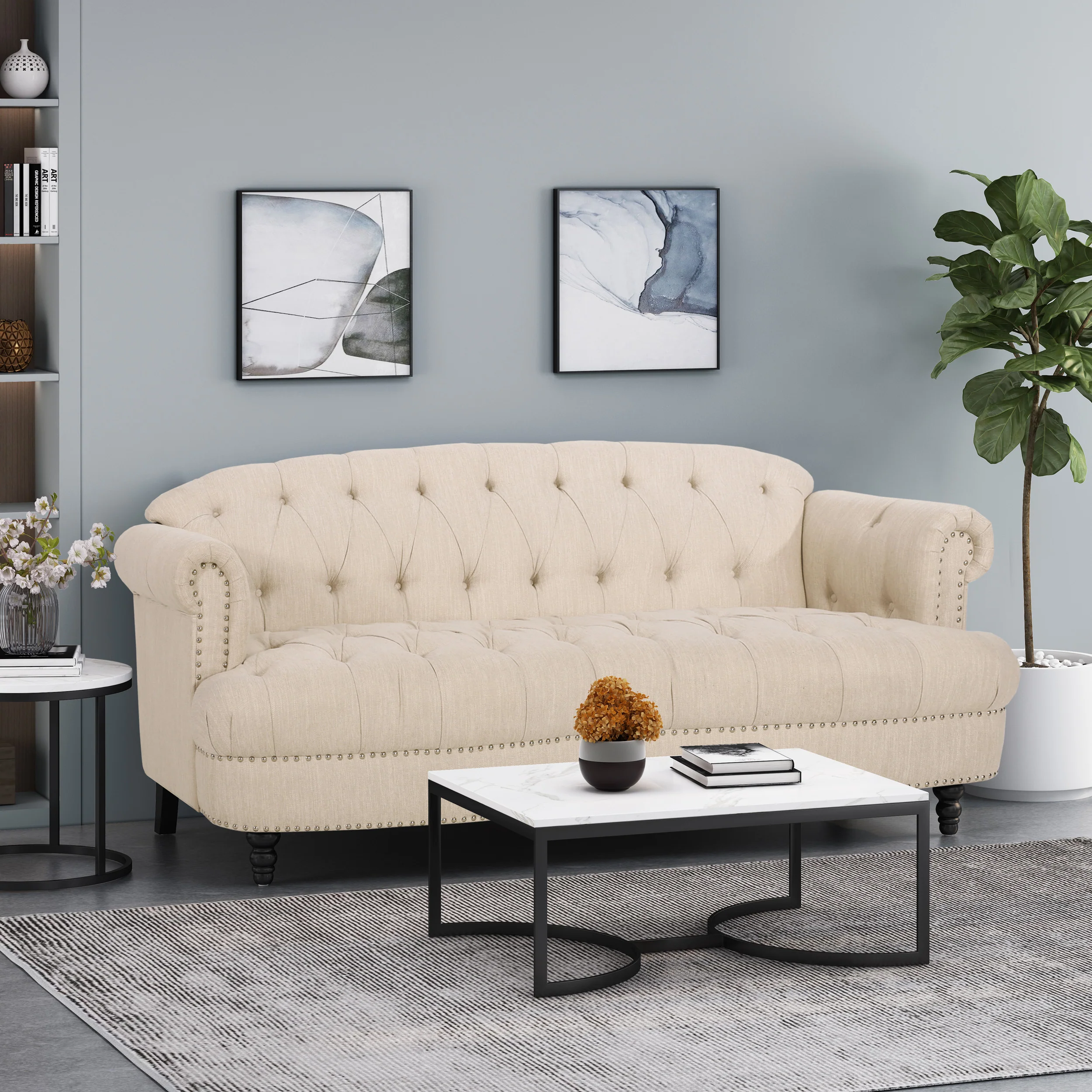 Elspeth Contemporary Deep Tufted Sofa with Nailhead Trim - furnishings