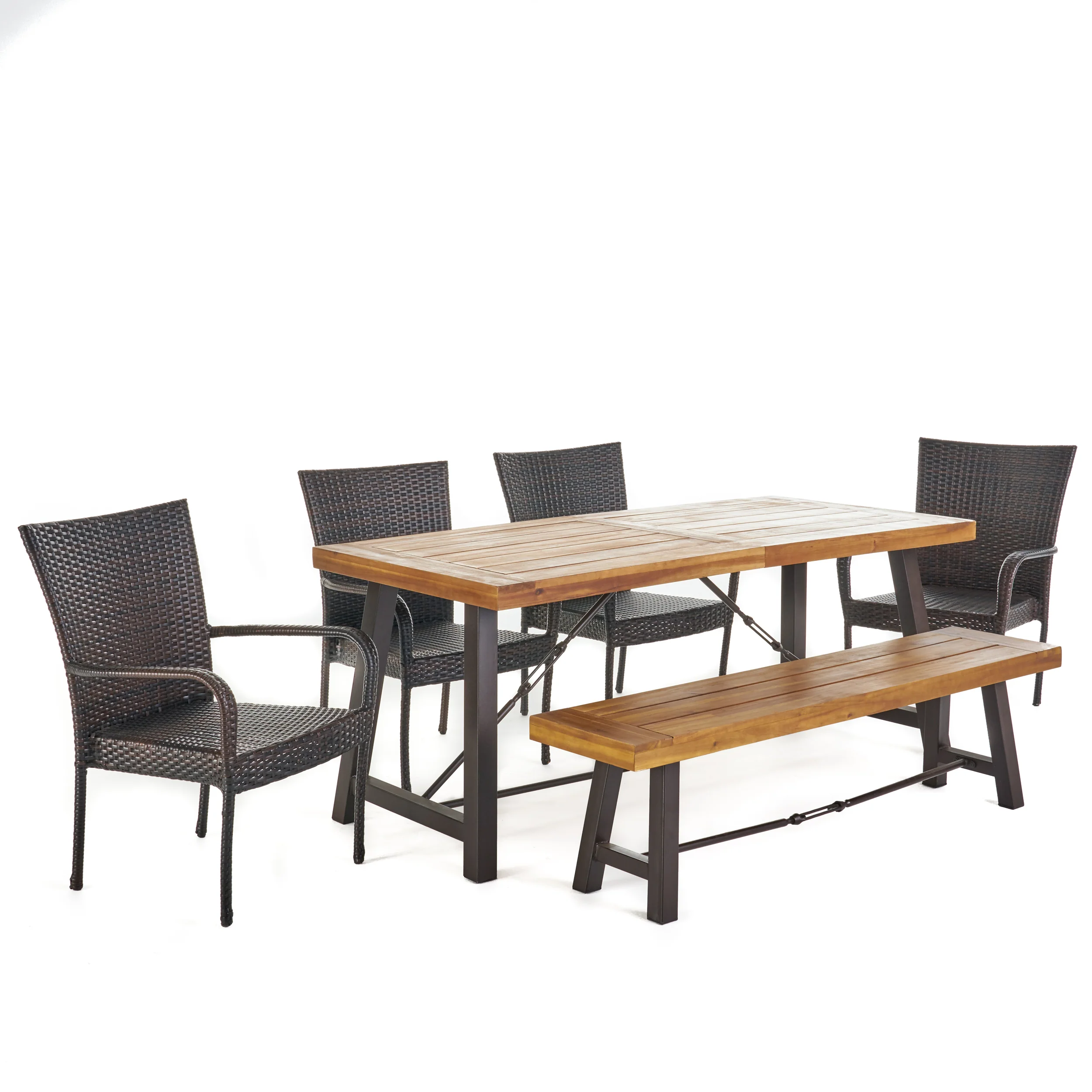 Soltice Outdoor 6 Piece Teak Finished Acacia Wood Dining Set with Multi-brown Chairs - furnishings