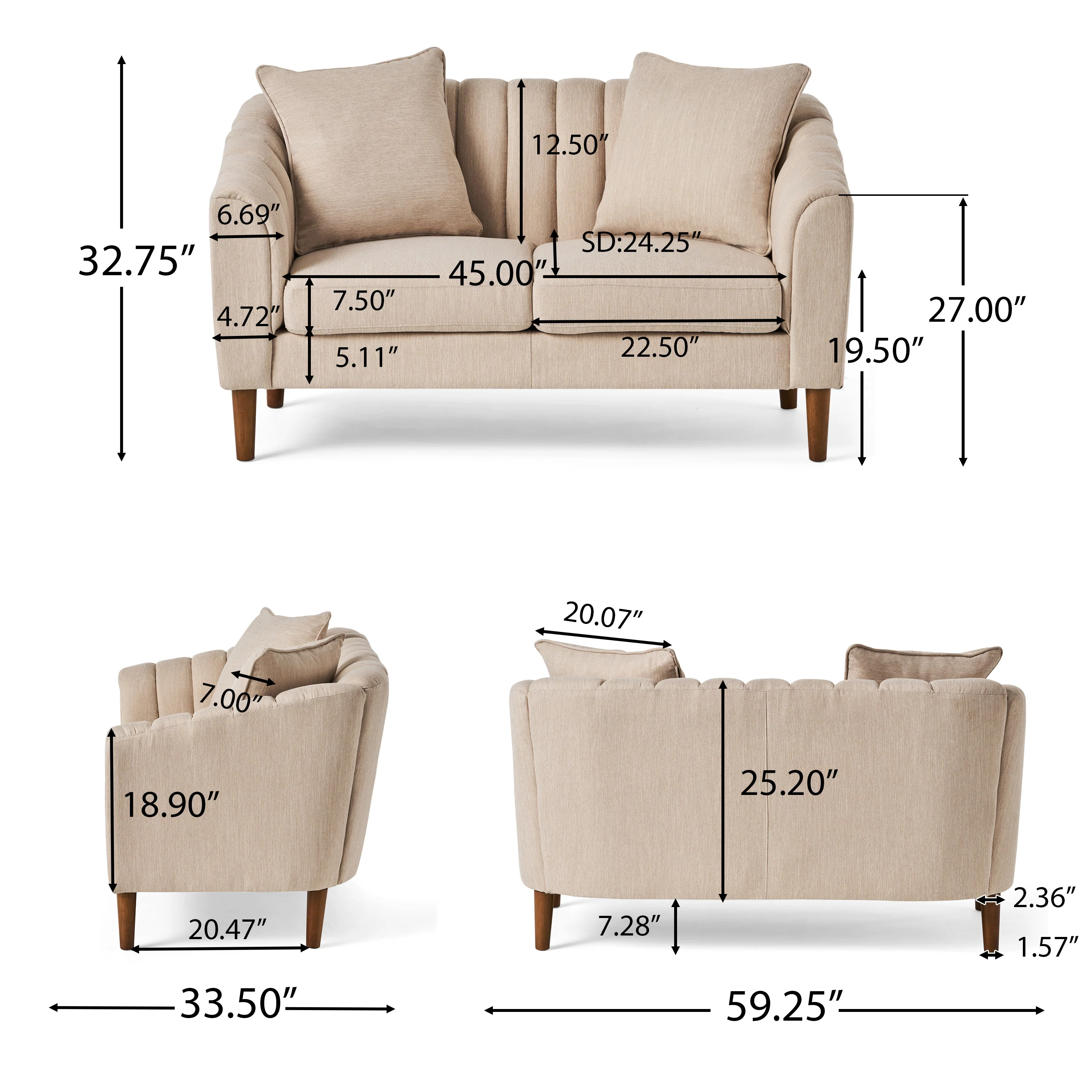 Reham Contemporary Channel Stitched Fabric Loveseat - furnishings